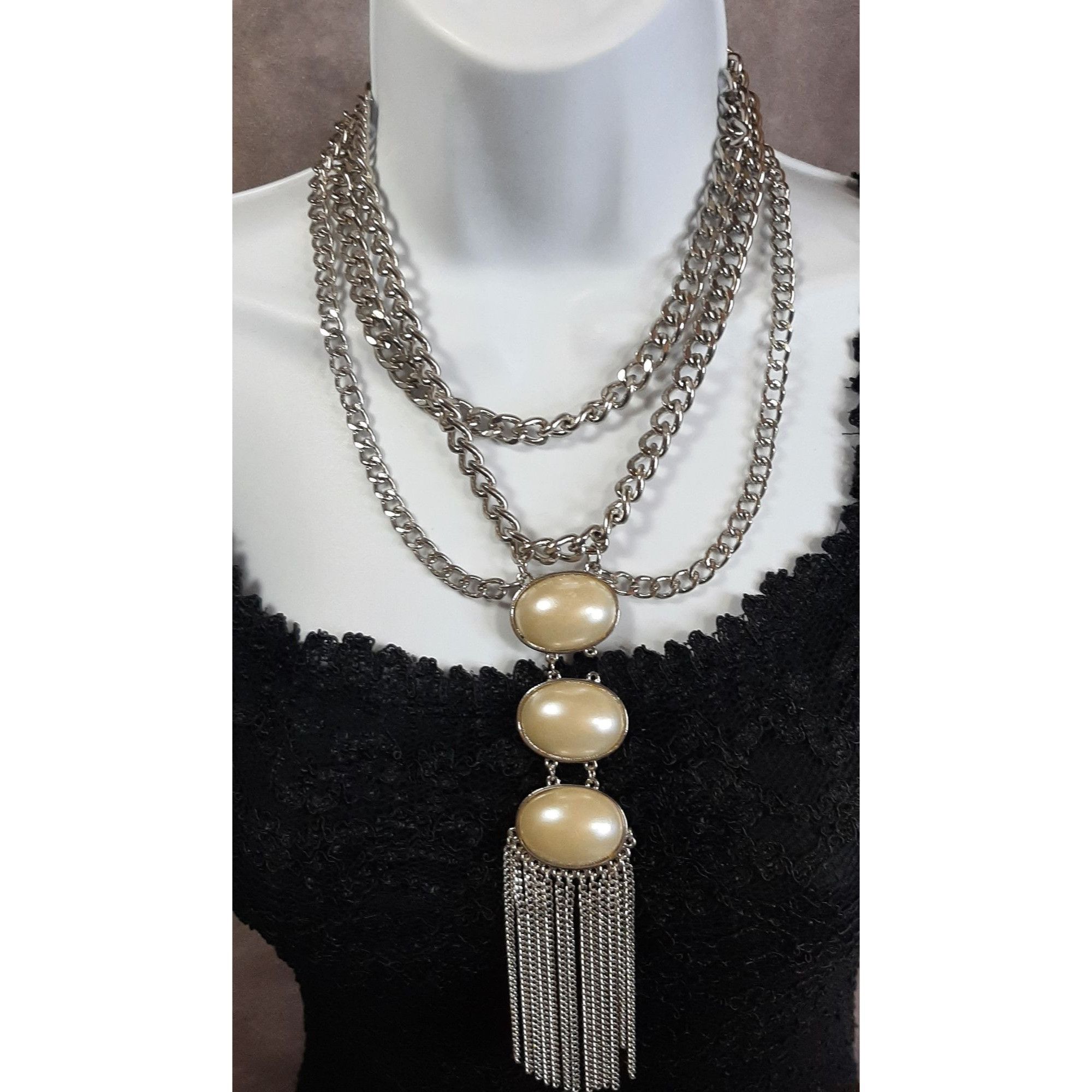 Other Elegant Layered Silver Statement Necklace With Faux Pearl Ca Size ONE SIZE - 1 Thumbnail