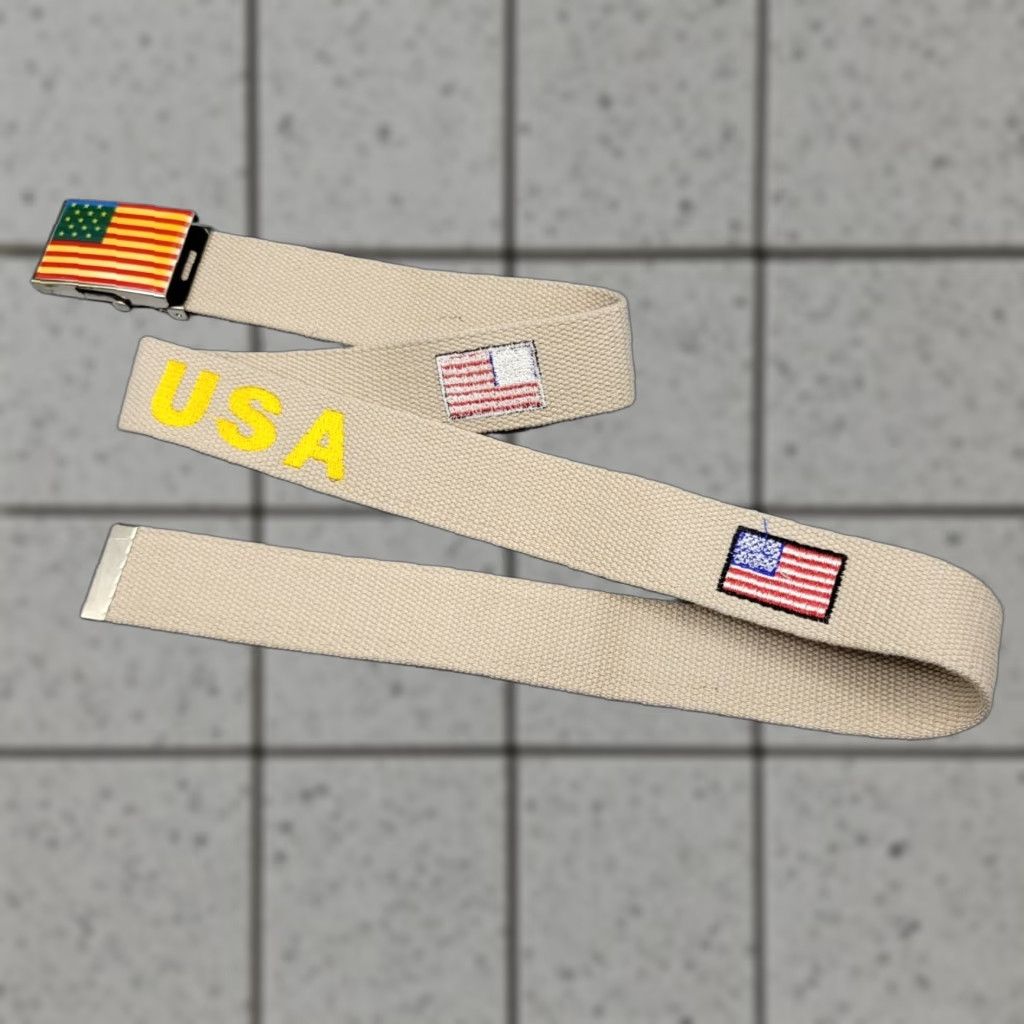 Vintage USA Flag Belt 42" Adjustable Canvas Metal Buckle Unisex Adults Beige Embroidered USA and Flag Size 42 - 1 Thumbnail
