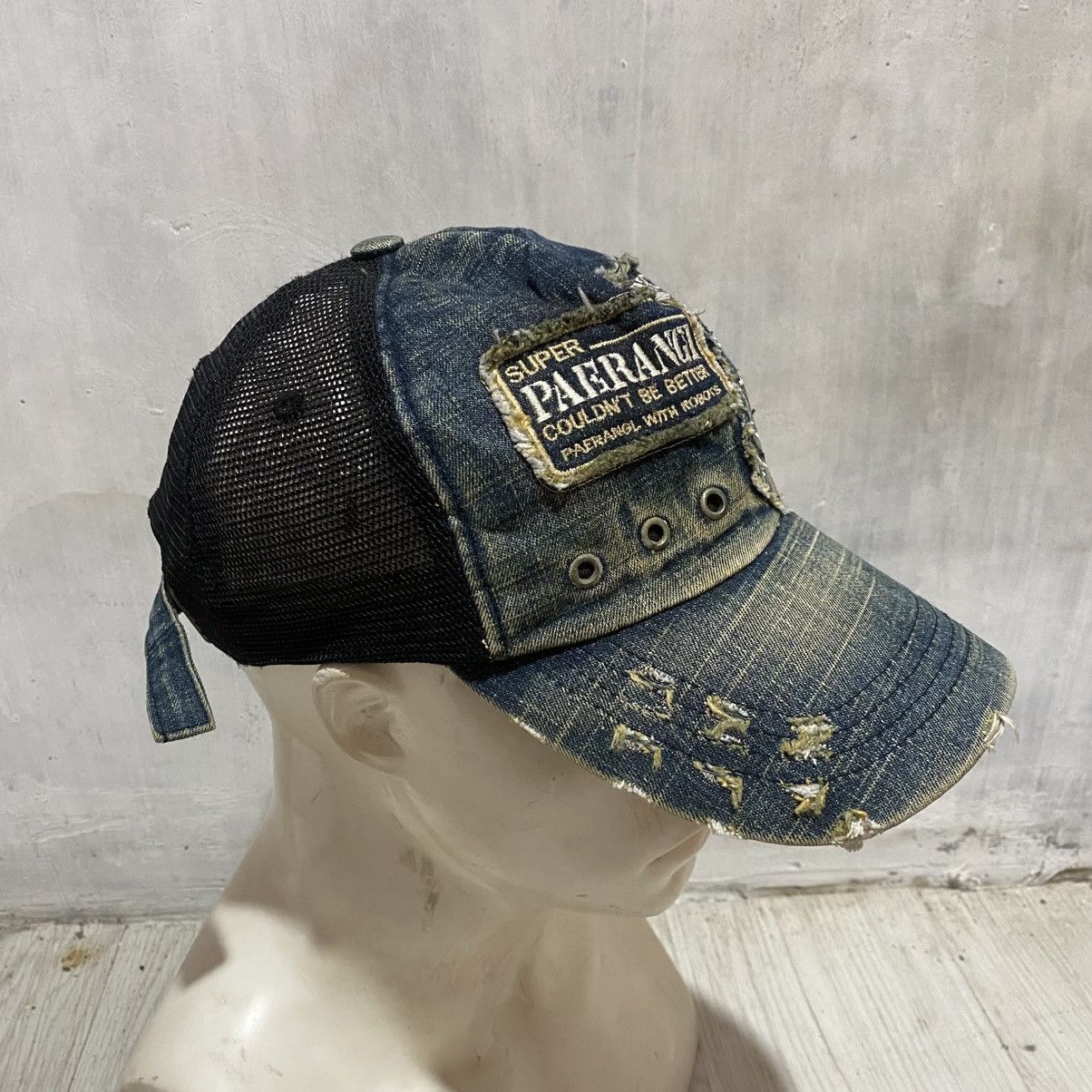If Six Was Nine 2000s denim distressed patchwork ring trucker cap lgbstyle Size ONE SIZE - 4 Thumbnail