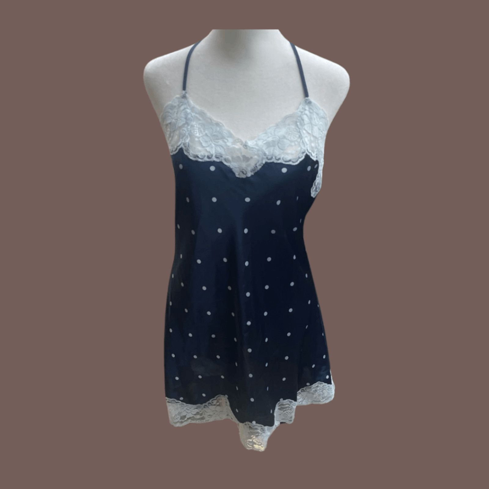 Vintage VTG Slip Dress | Morgan Taylor Navy Polka Dot Lace Coquette Size S / US 4 / IT 40 - 1 Thumbnail