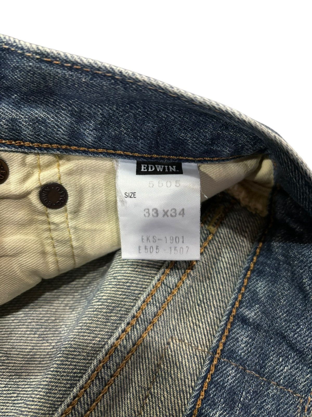 Edwin × Self Edge 90s Vtg Edwin 505 Selvedge Orange Tag Distressed Faded Jeans Size US 33 - 10 Thumbnail