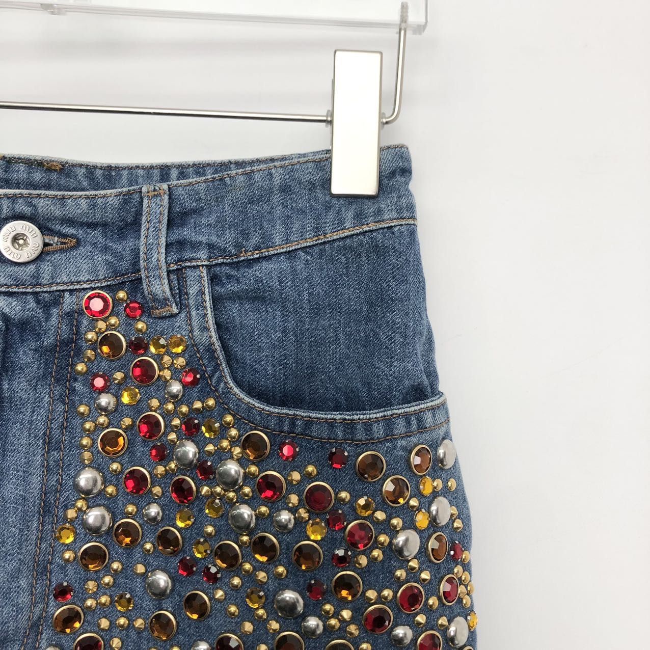 Miu Miu Miu Miu Rhinestone Denim Skirt Authentic K26WX Size 26" / US 2 / IT 38 - 3 Thumbnail