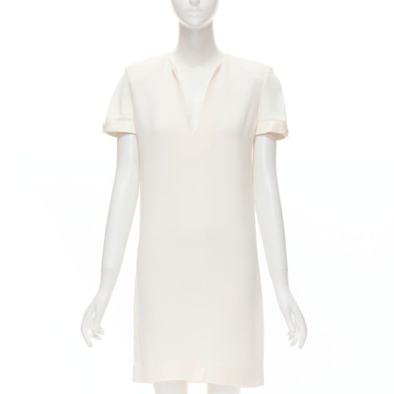 Saint Laurent Paris SAINT LAURENT 2013 Hedi Slimane ivory crepe leather trimmed V-neck dress FR36 S Size XS / US 0-2 / IT 36-38 - 1 Thumbnail