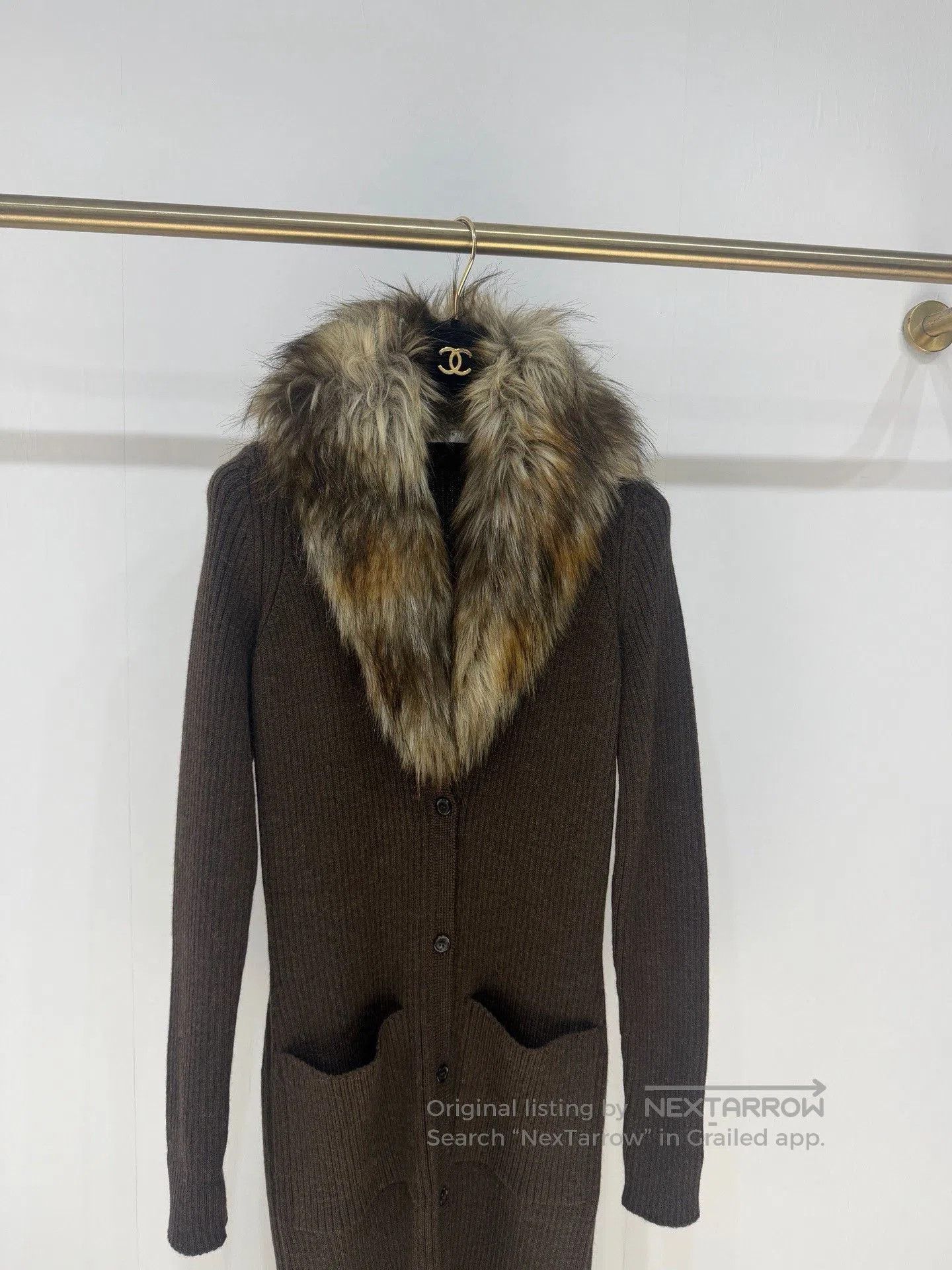 Saint Laurent Paris Saint Laurent Brown Fur Collar Wool Dress. Size S / US 4 / IT 40 - 2 Thumbnail