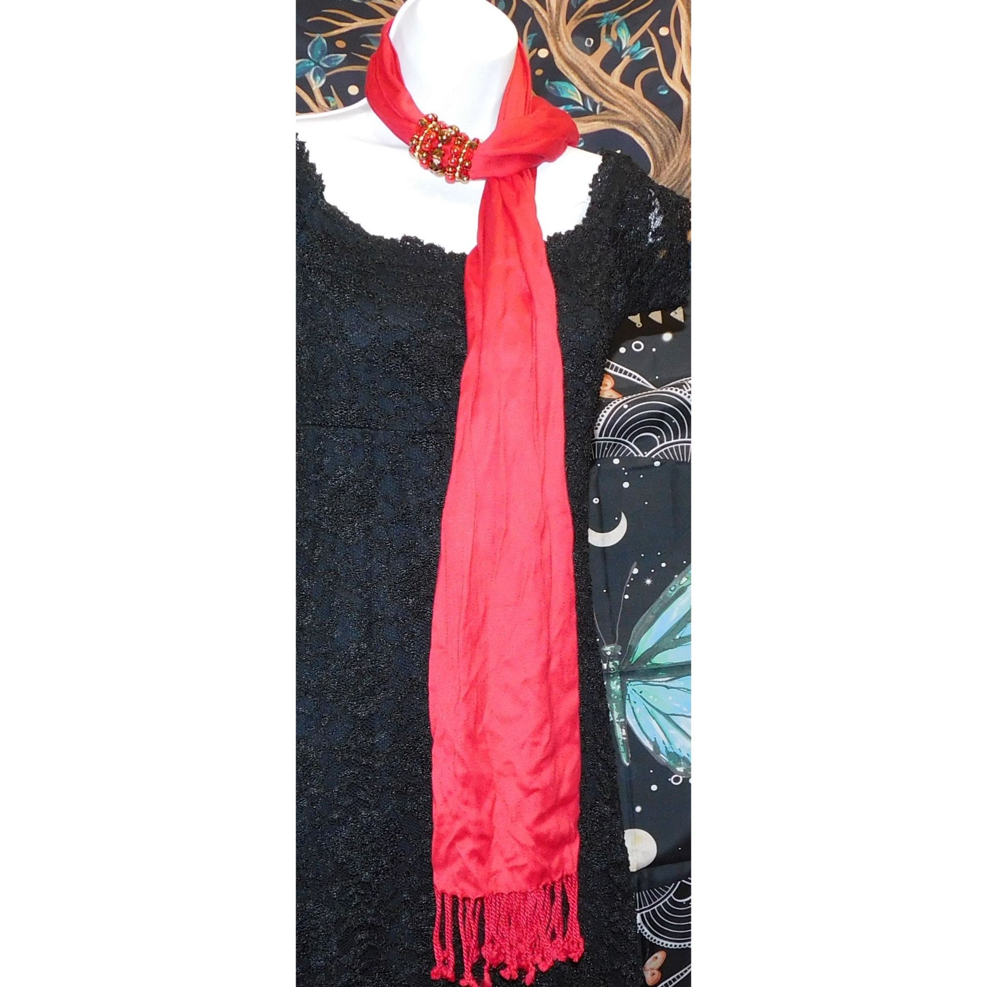 Other Elegant Red Rayon Scarf With Beaded Ring Accents & Fringe Size ONE SIZE - 1 Thumbnail