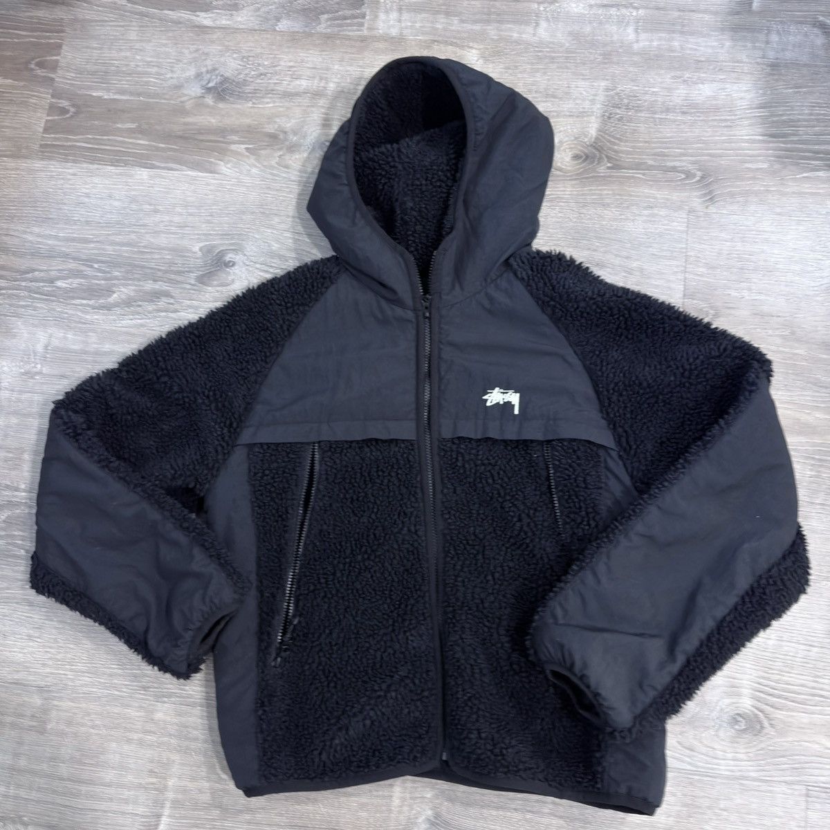 Stussy Black Sherpa Hooded Jacket