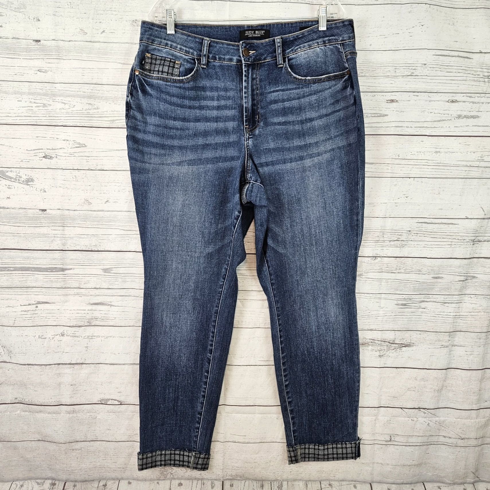 Vintage Judy Blue Womens Plaid Cuff Slim Fit Jeans Sz 16W Blue Medium Wash Distressed Size 38" / US 16 / IT 52 - 2 Thumbnail