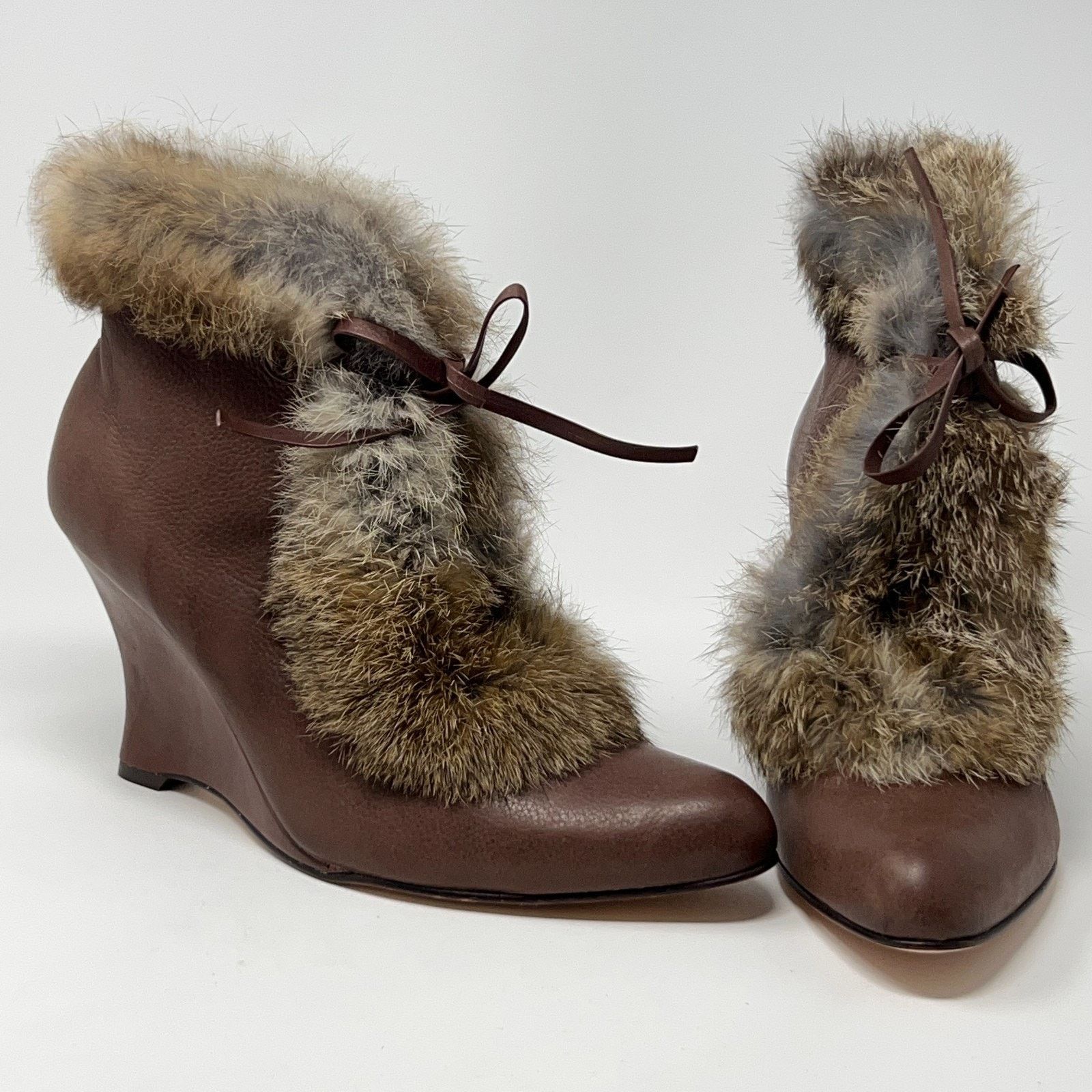 10 Corso Como Corso Como Rabbit Fur Trim Wedge Booties Brown Womens 8M Size US 8 / IT 38 - 1 Thumbnail
