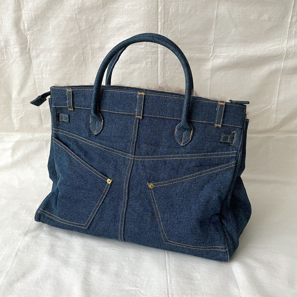 Japanese Brand Birkin Style Denim and Fur Handmade Bag Japan Size ONE SIZE - 3 Thumbnail