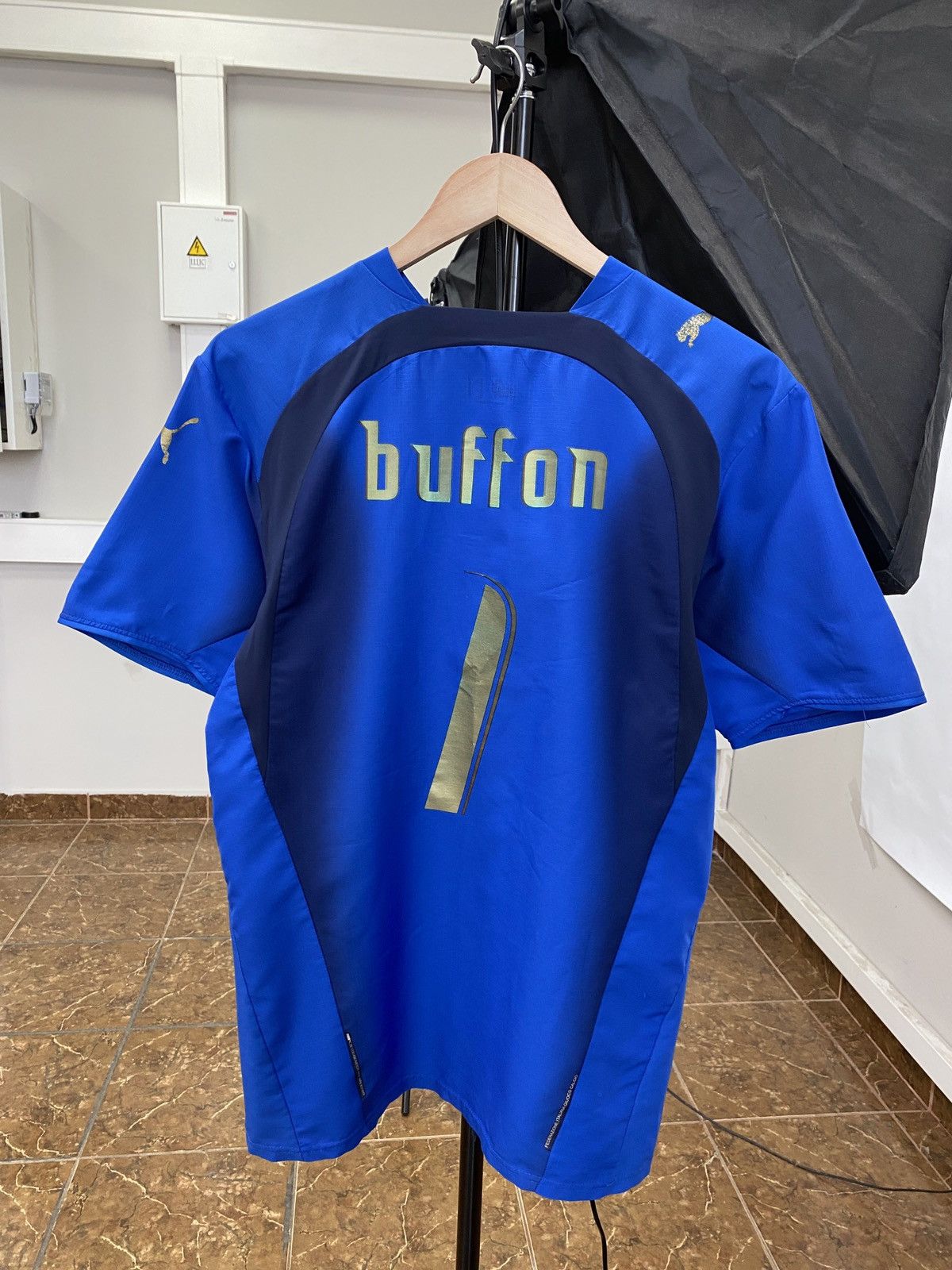 image of Vintage 2006 Buffon Puma Italy Soccer Jersey T-Shirt Retro in Blue, Men's (Size Small)