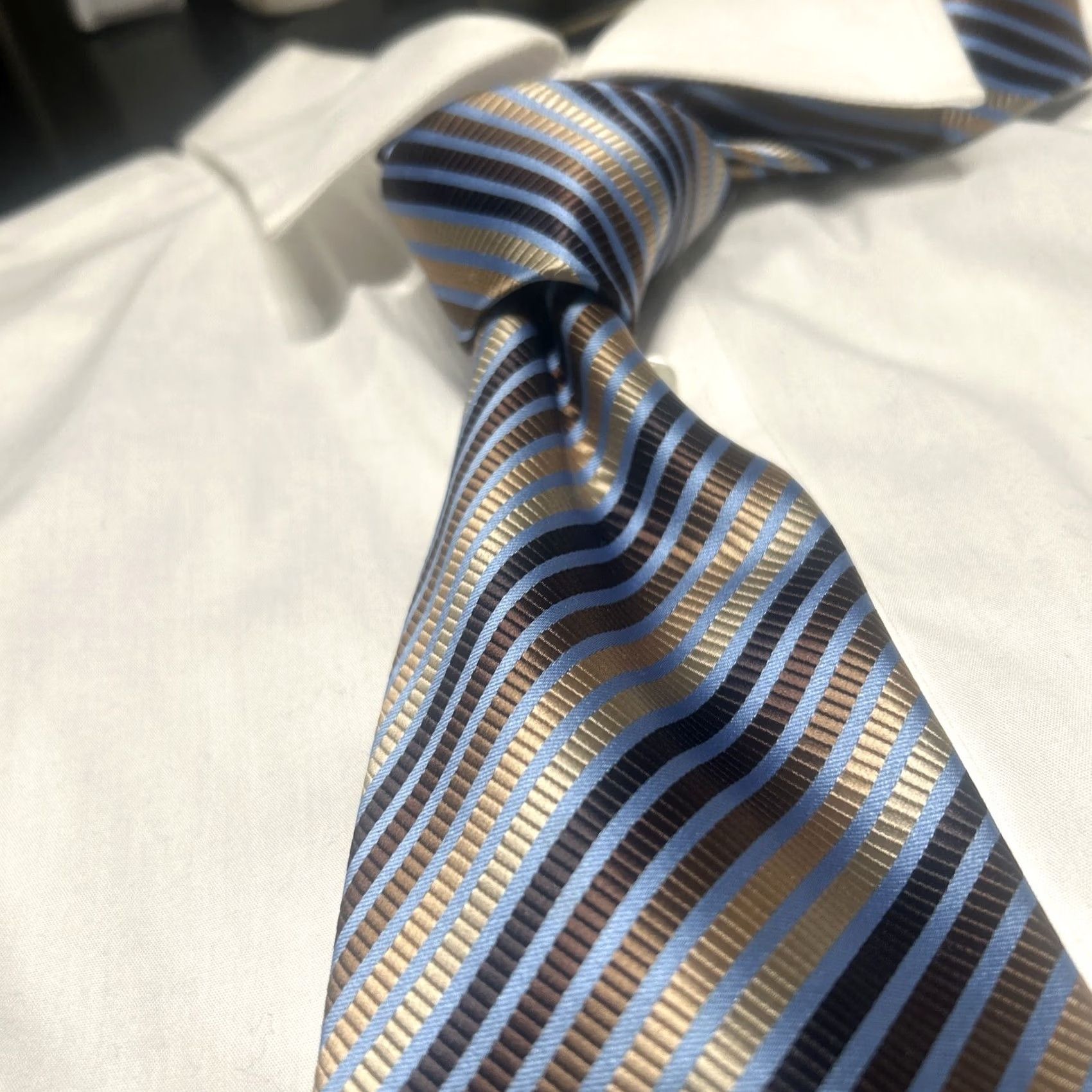 Vintage ALLEN SOLLY Men Luxury Striped Necktie Blue Brown 57" Silk Tie Geometric Designer 4" Width EUC Size ONE SIZE - 2 Thumbnail