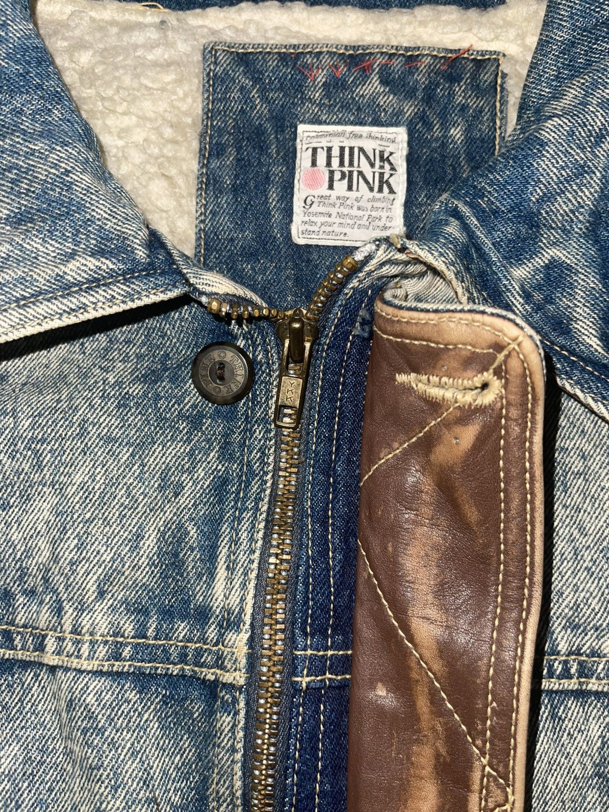 Vintage RARE 80s Think Pink Denim Jacket Acid Wash Sherpa Fleece Size US L / EU 52-54 / 3 - 5 Thumbnail