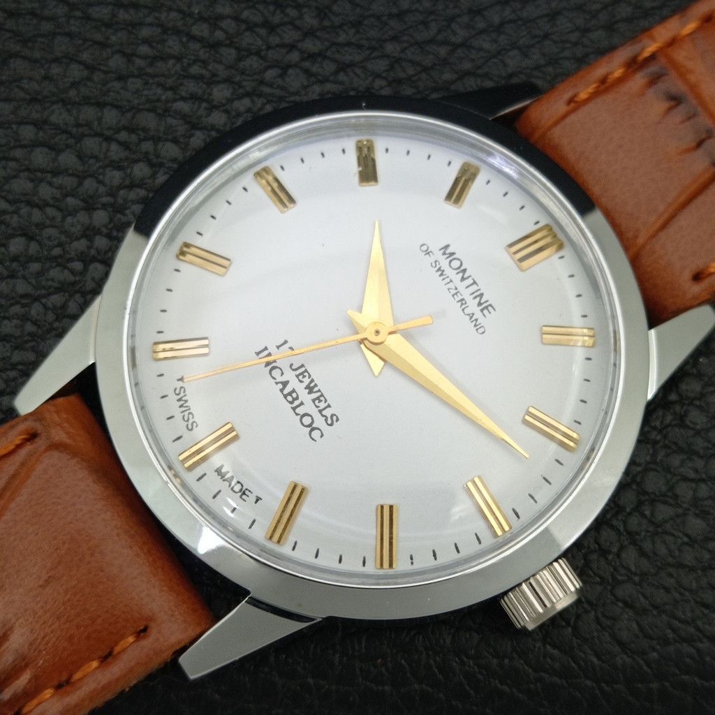 Other VINTAGE MONTINE HAND-WINDING SWISS MENS WHITE WATCH a444154 Size 38 - 6 Thumbnail