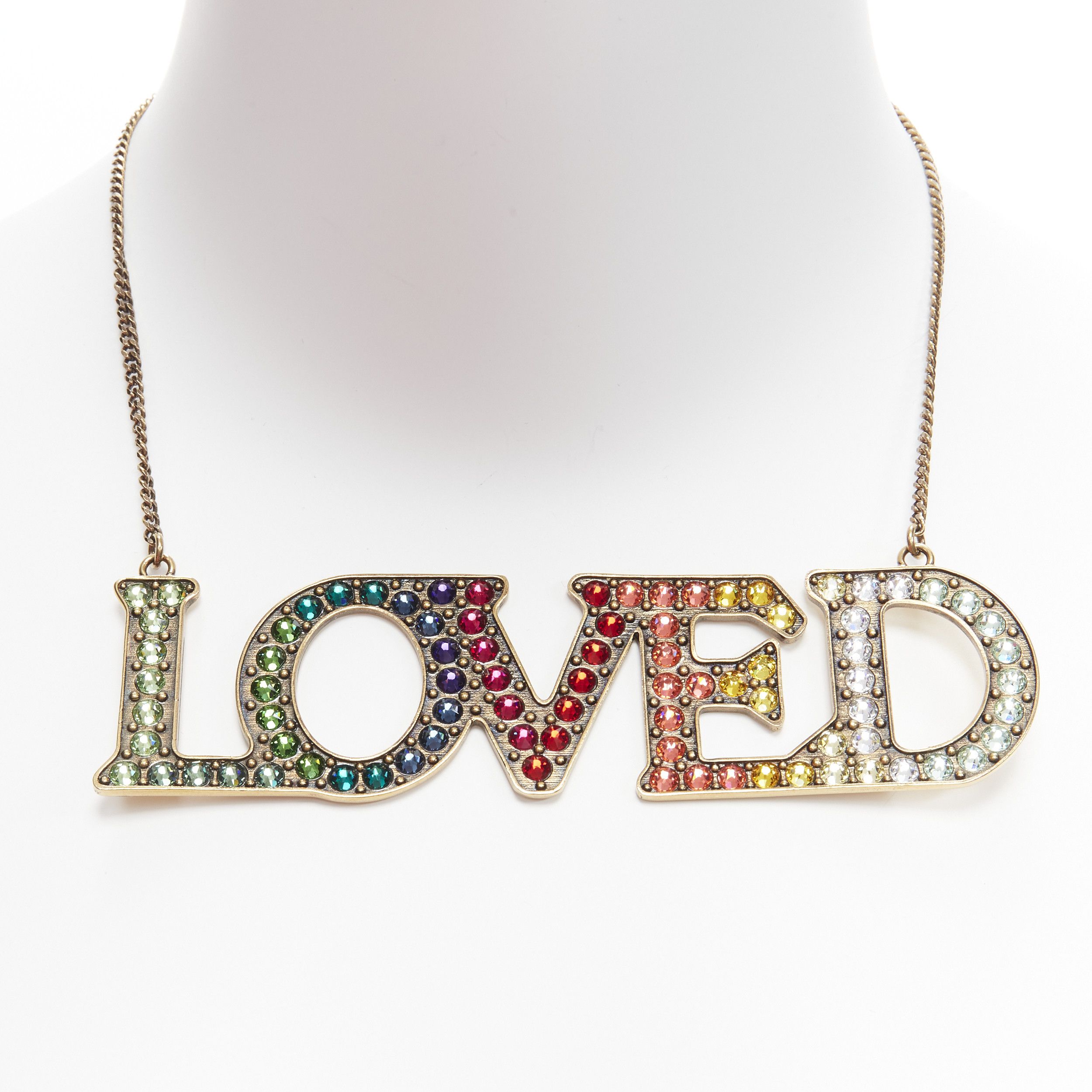 GUCCI Alessandro Michele LOVED rainbow gradient crystal pendent short necklace