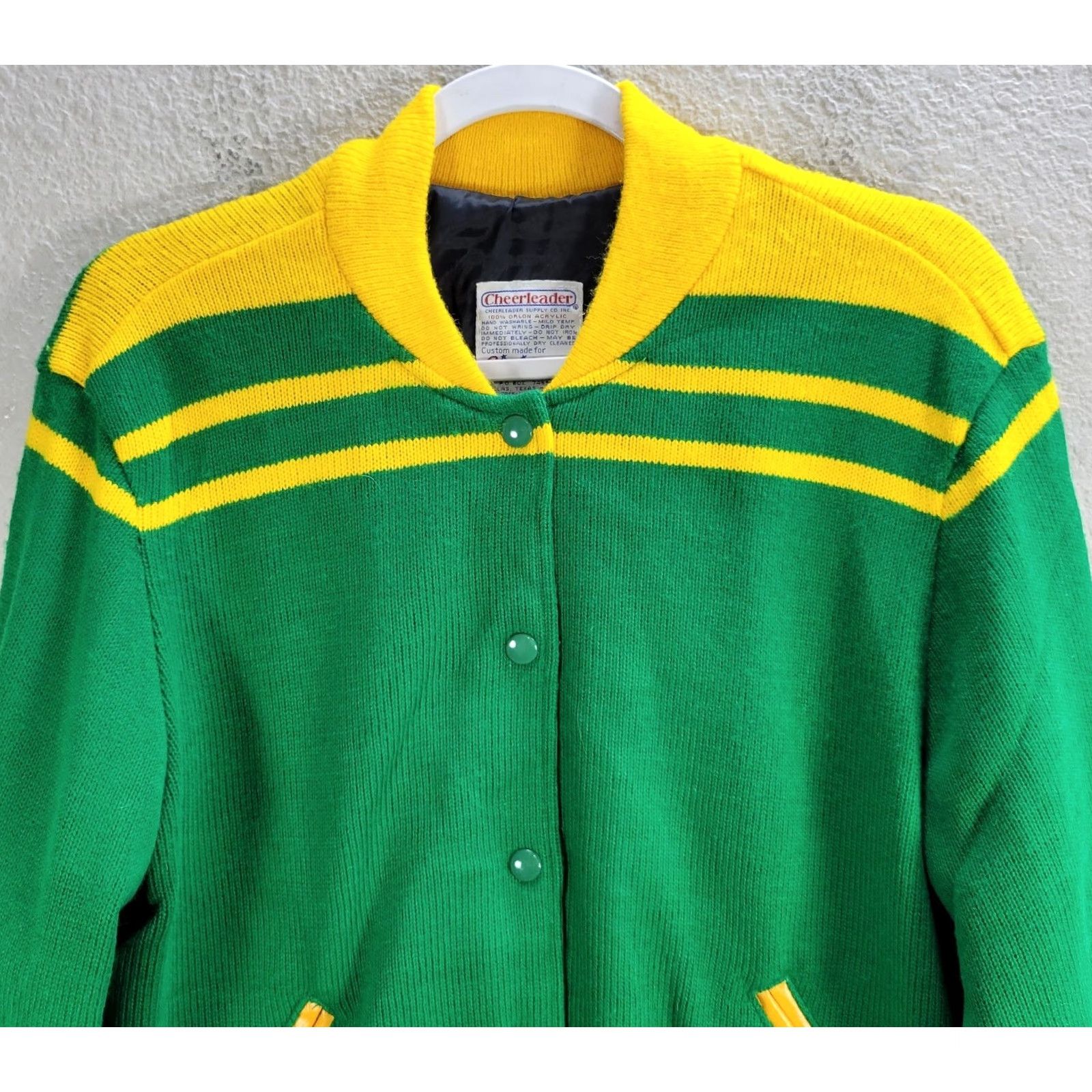 Vintage Vtg Cheerleader Jacket Womens Bomber Knit Lined Sz M Green Sn ap Button Logo 1970s Snap Buttons Wool Wool? Size M / US 6-8 / IT 42-44 - 4 Thumbnail