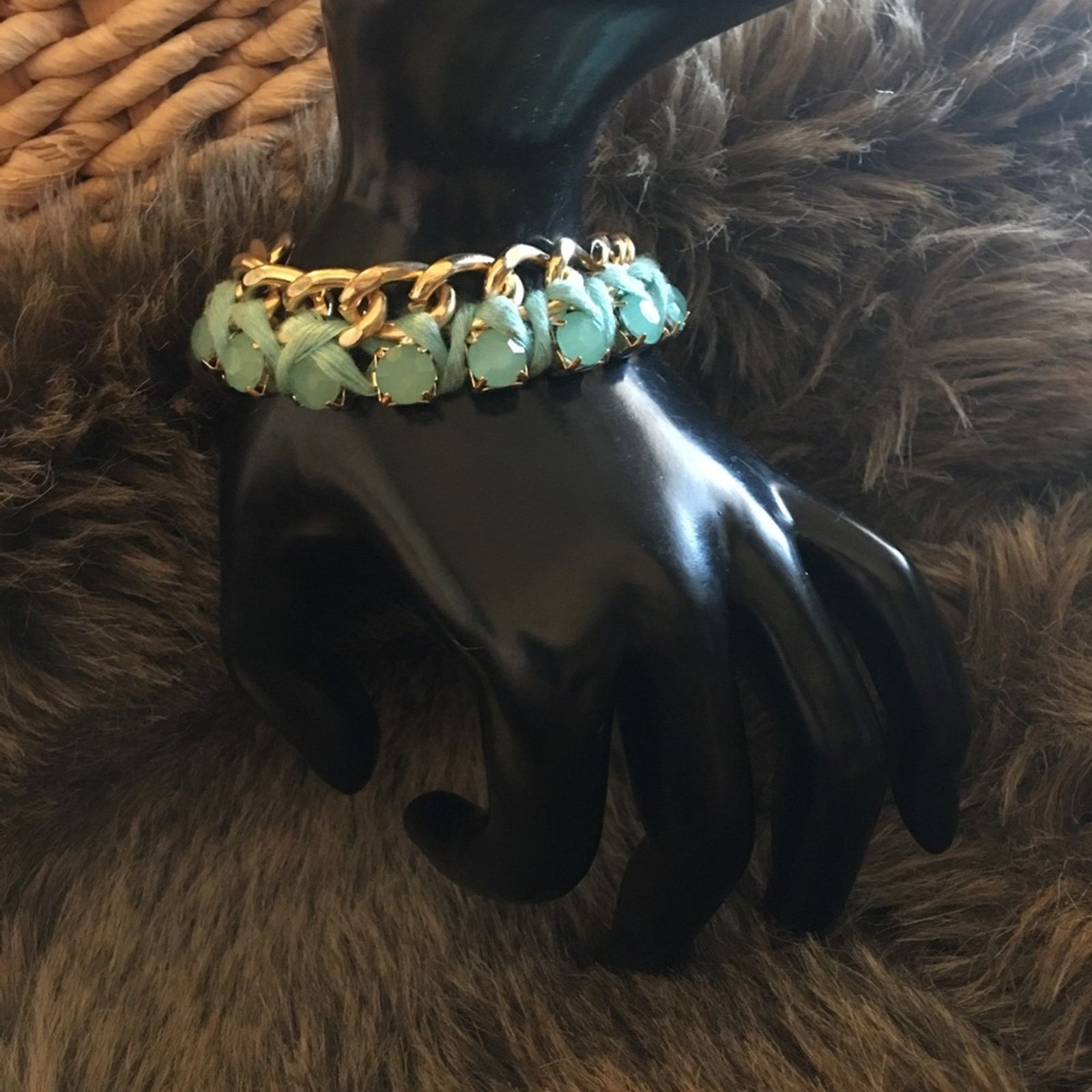 Vintage Vintage aqua glass stone gold chain link bracelet Size ONE SIZE - 3 Thumbnail