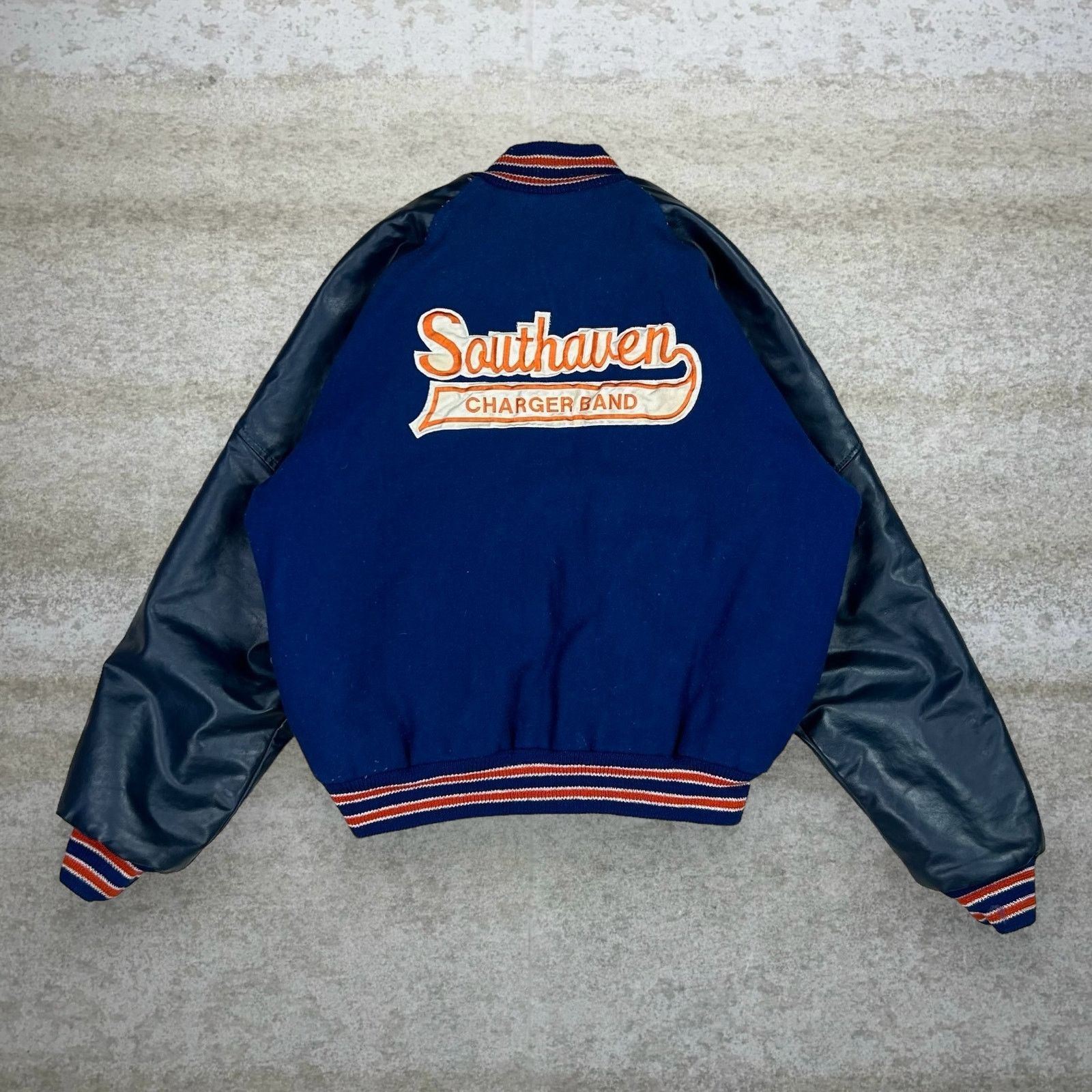 Vintage 90s Varsity Jacket Womens L Navy Blue Leather Band