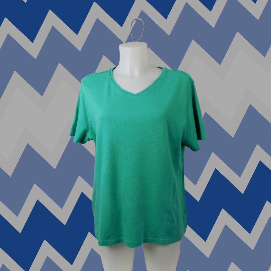 Vintage Karen Scott T-Shirt Adult Large Teal Cotton V-Neck Short Sleeve Casual Size L / US 10 / IT 46 - 1 Thumbnail