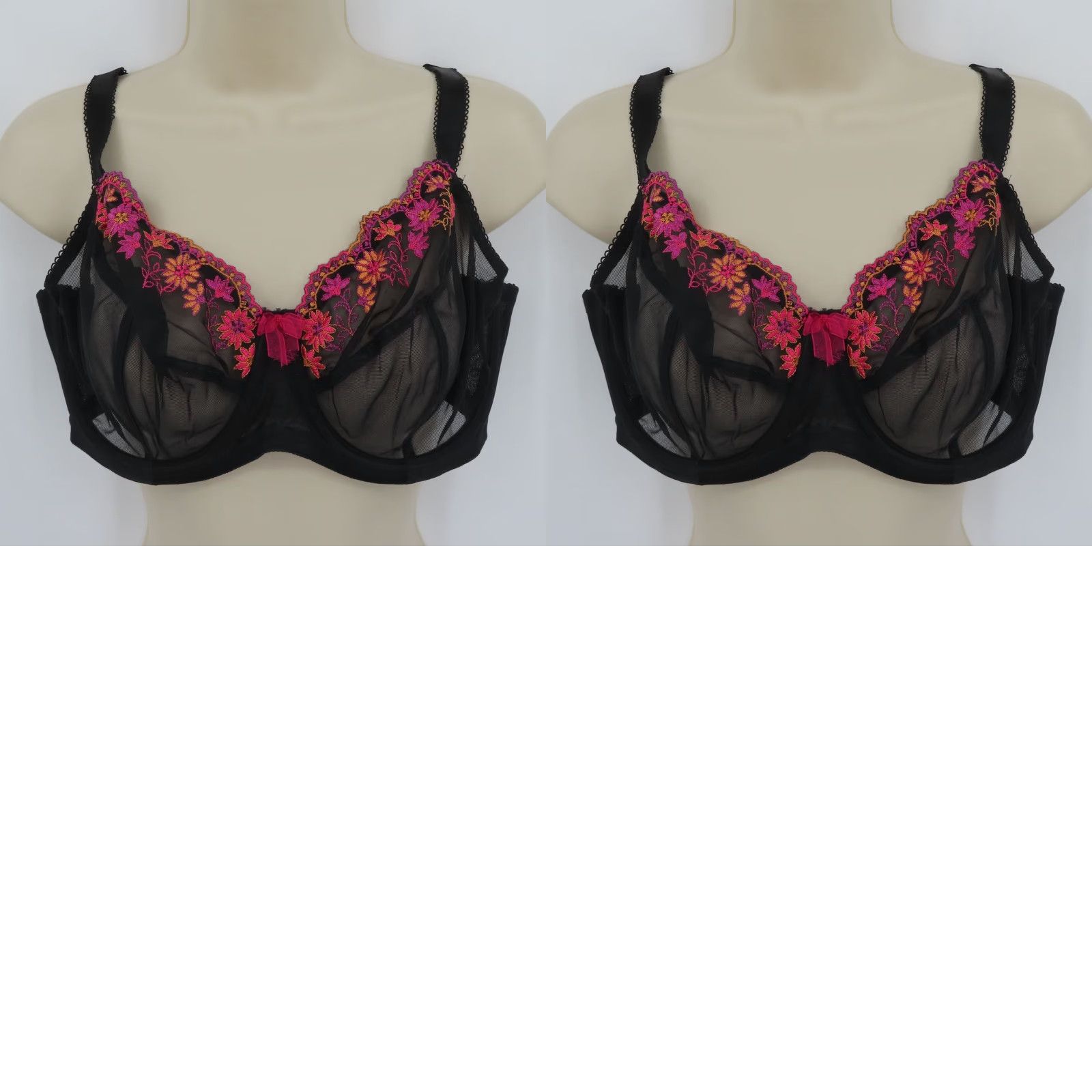 Vintage Goddess Bra 34G Black Flower Embroidered Bow Underwire T-Shirt Bra Womens 34G Size ONE SIZE - 9 Thumbnail