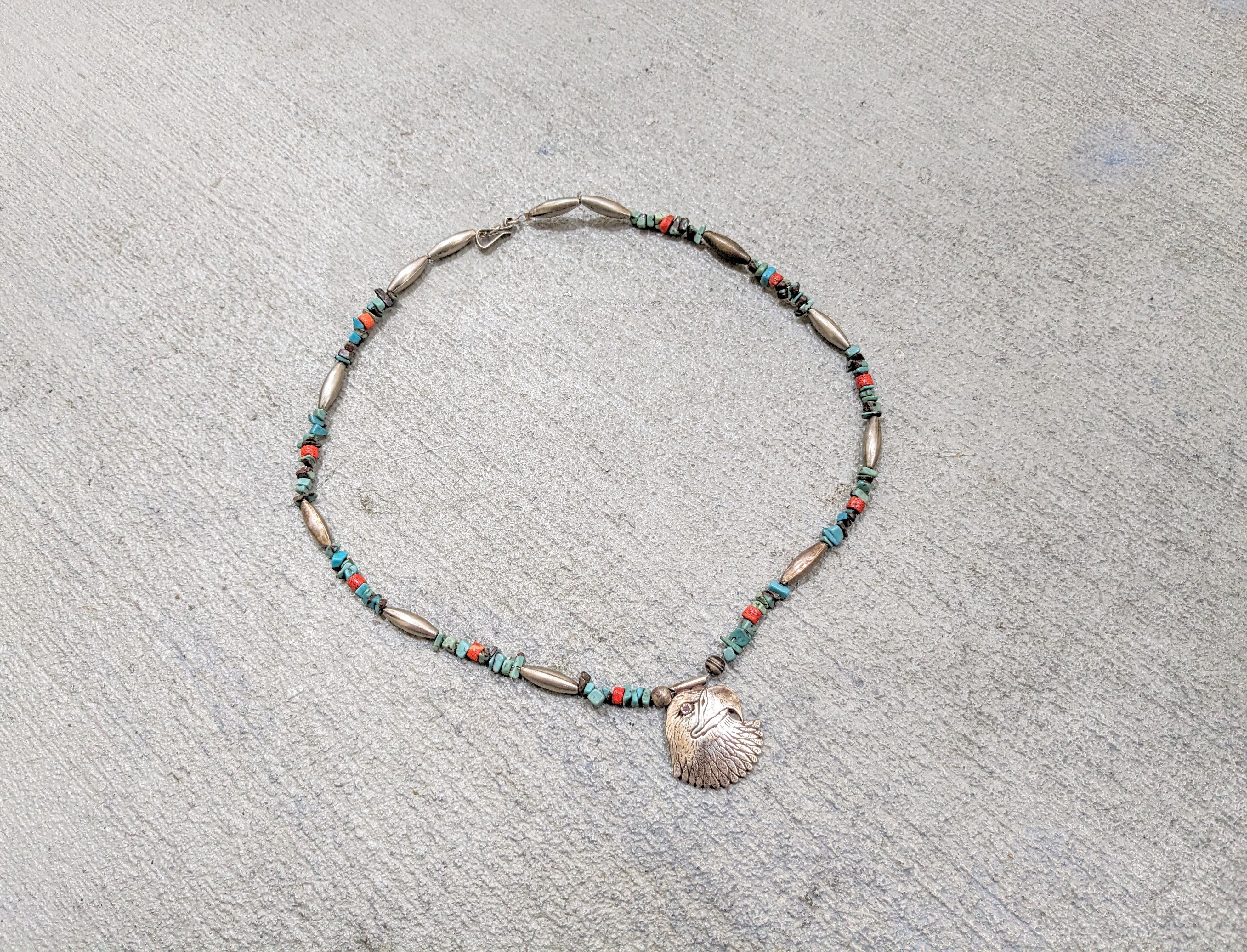 image of Avant Garde x Jewelry Sterling Silver Necklace Turquoise Eagle Native Coral in Silver Red Green Blu