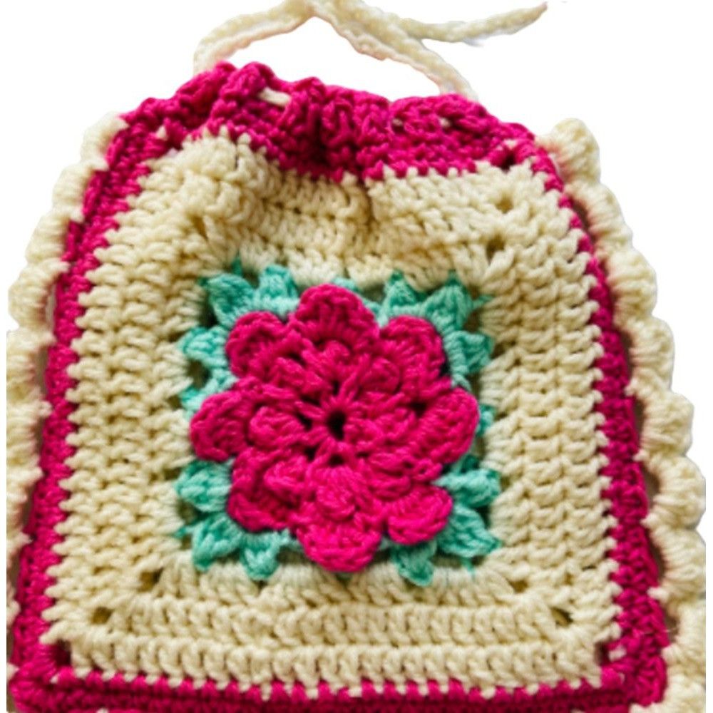 Handmade Crochet Purse Granny Square 3D Flower Pink Mint Cream 9" Dra Size ONE SIZE - 4 Thumbnail
