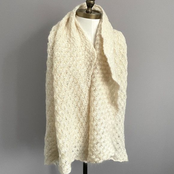 Vintage Ivory Hand Knit Blanket Scarf Shawl Stole Wrap - 72 x 20"⚜️ Size ONE SIZE - 3 Thumbnail