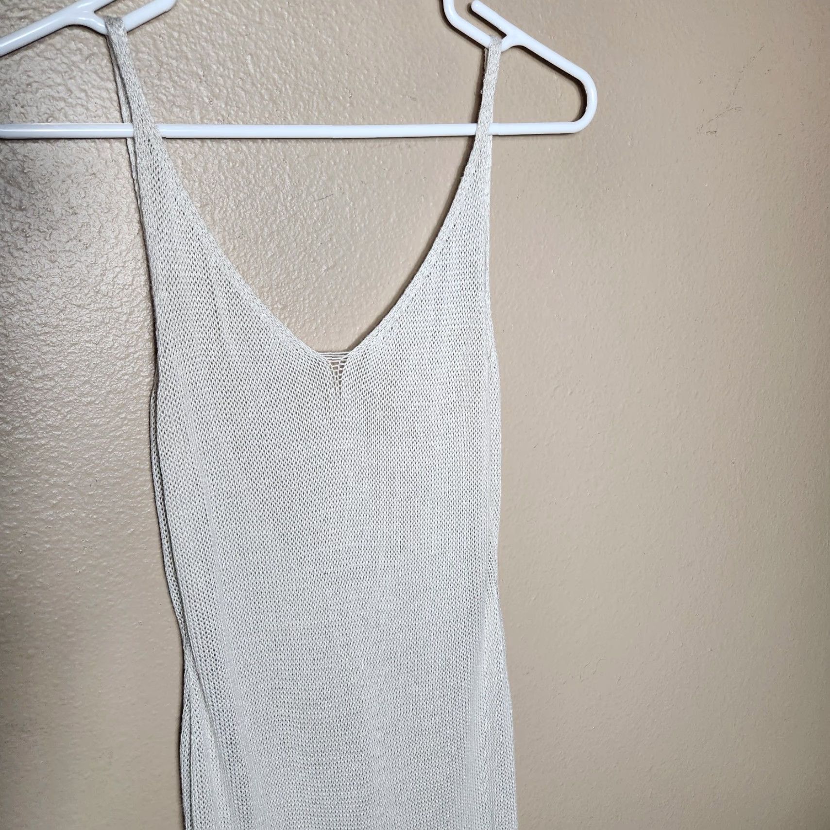 Vintage Womens |S| Beige Lightweight Open Knit Side Slit Knee Length Tank Cover-Up Shirt Size ONE SIZE - 2 Thumbnail