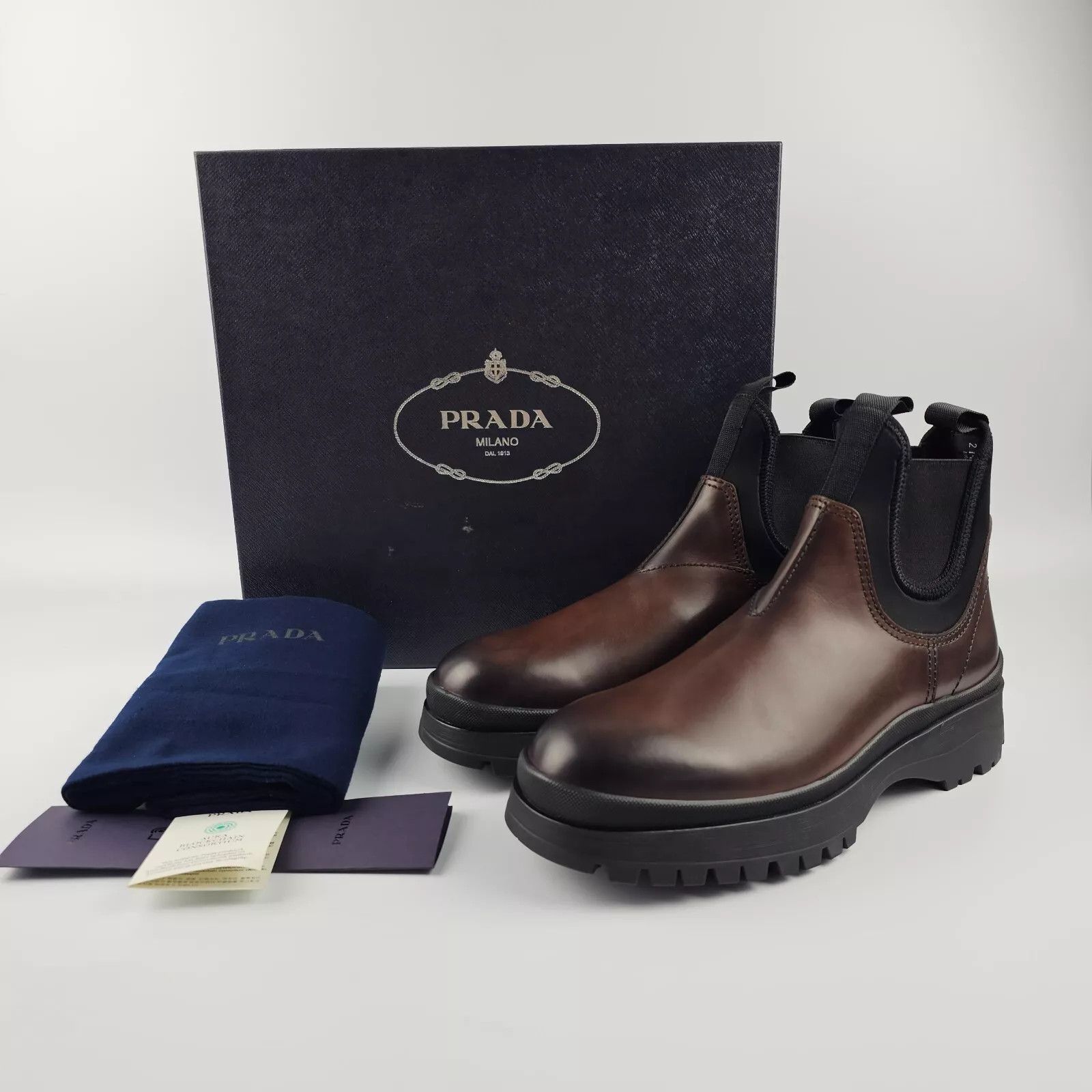 Prada PRADA Brown Leather Stretch Fabric Chelsea Boots Size US 10 / EU 43 - 2 Thumbnail
