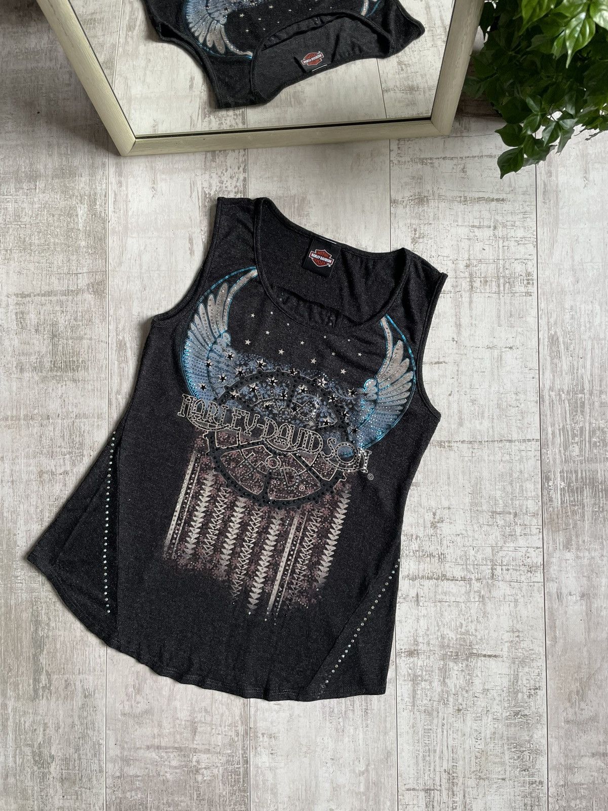 Harley Davidson × Vintage Harley Davidson Vintage Tank Tops Eagle USA Flag Rhinestones Size L / US 10 / IT 46 - 1 Thumbnail