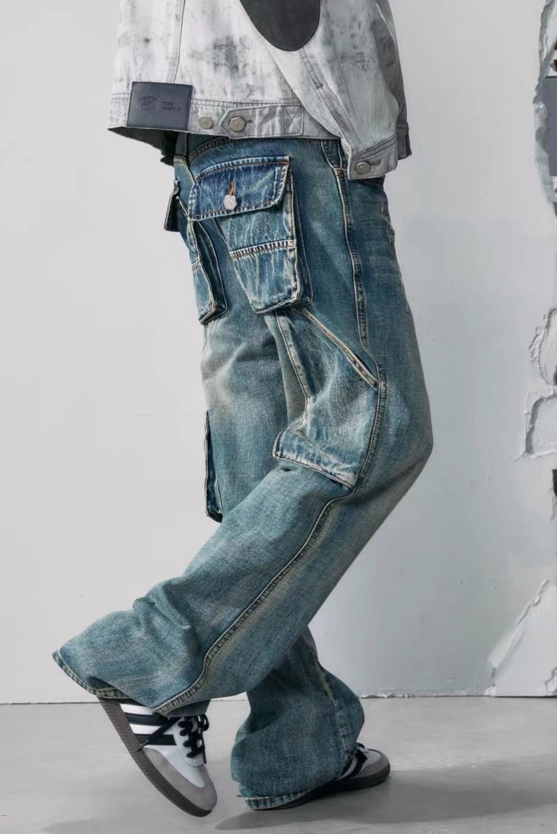 image of Faded Blue Washed Damaged Hiphop Baggy Jeans, Men's (Size 34)