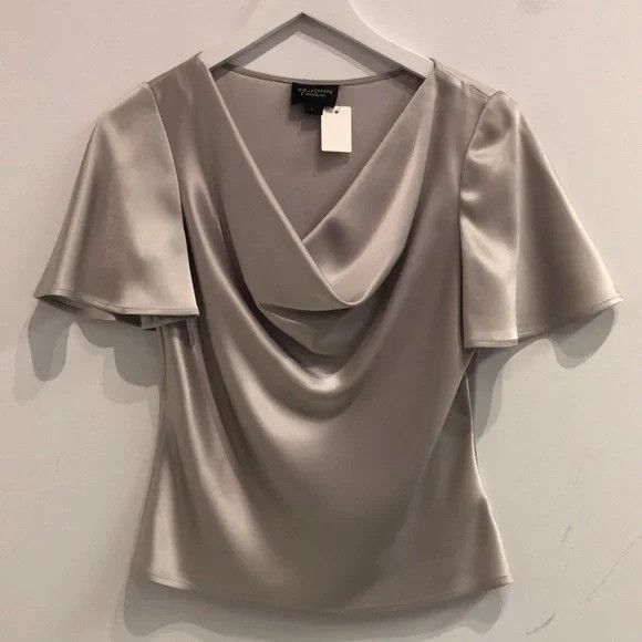 image of St John Couture St. John Couture Grey Liquid Satin Cowl-Neck Blouse, Women's (Size XS)