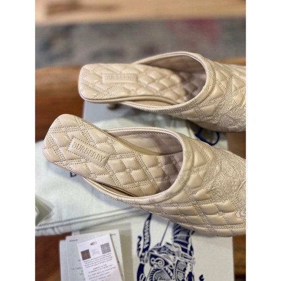 Burberry Alf Baby Mule Quilted Leather Heels Soap Ivory