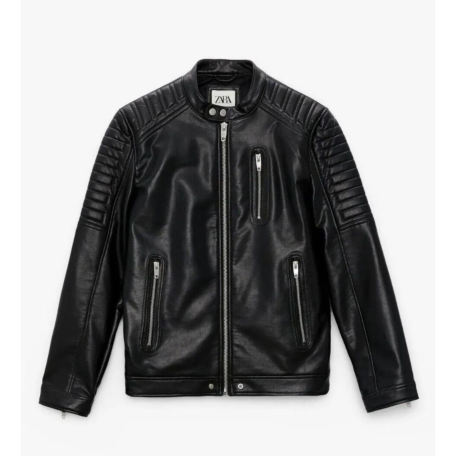ZARA MAN BLACK FAUX LEATHER BIKER JACKET SIZE 2XL