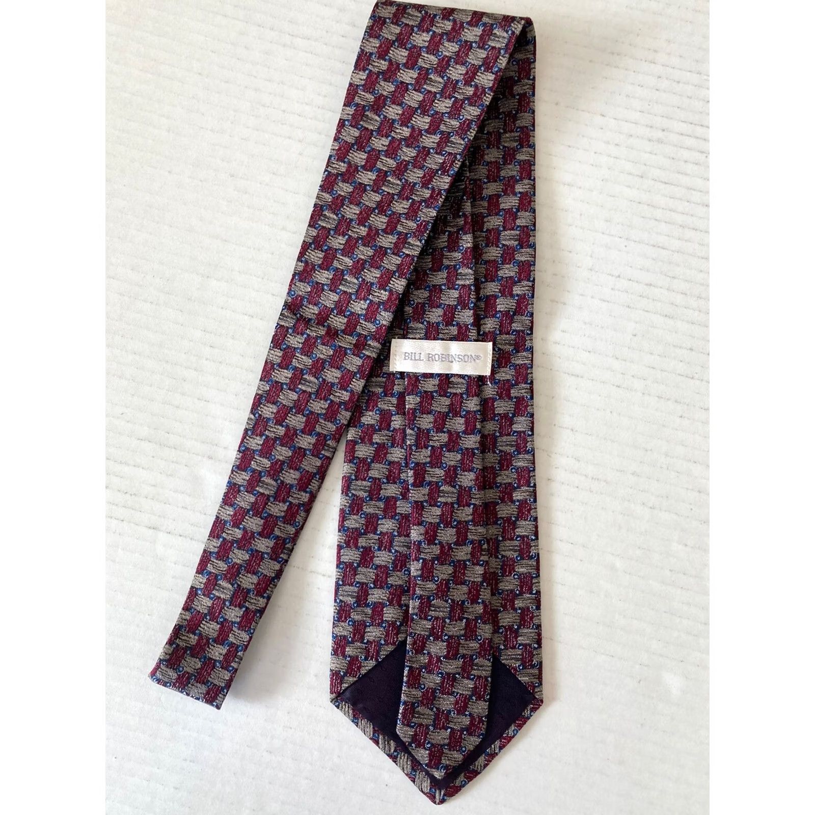 Vintage Bill Robinson Tie Men's Necktie Silk Basket Weave Pattern Gray Maroon Made Usa, Men's — image 3 of 6