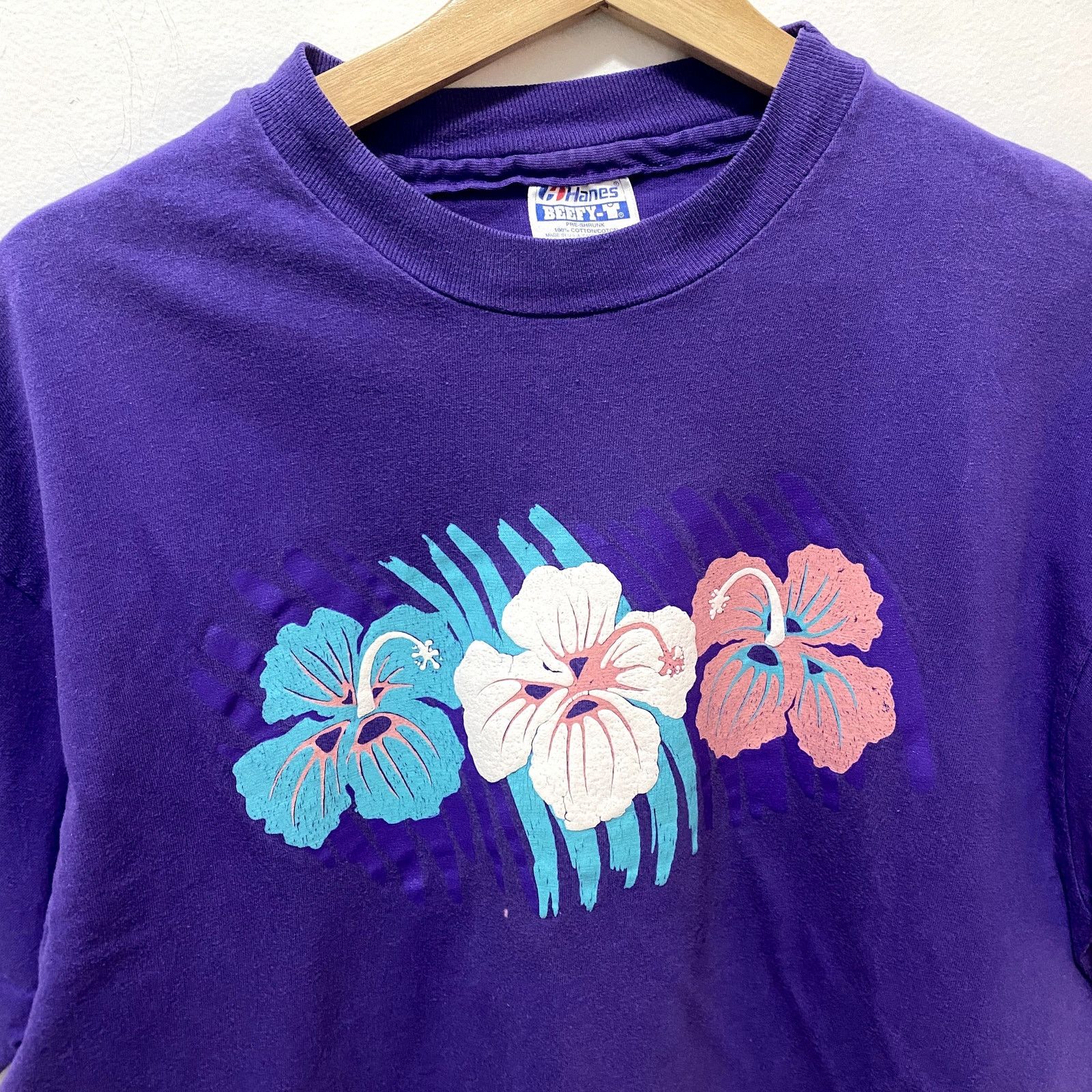 Hanes Vintage Hibiscus Floral T Shirt Purple 80s Size US L / EU 52-54 / 3 - 2 Thumbnail