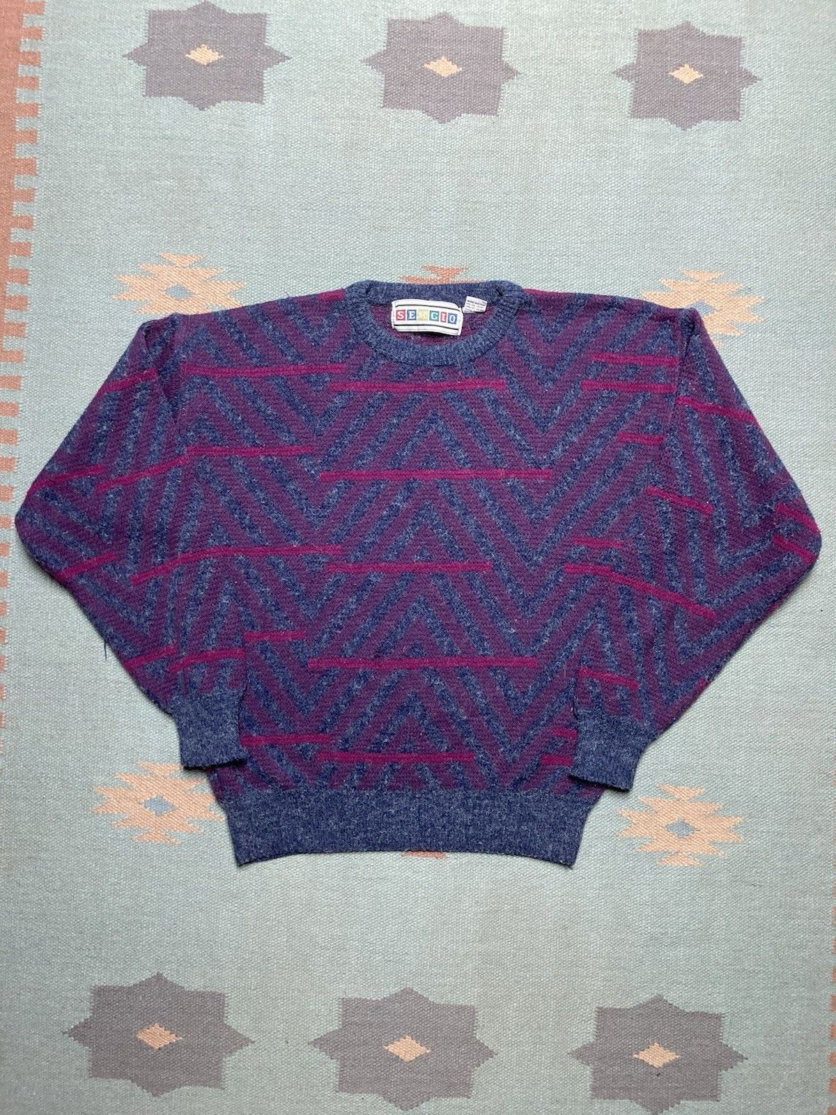 Vintage Vtg acrylic knit sweater abstract geometric Sergio sof large Size US L / EU 52-54 / 3 - 1 Thumbnail