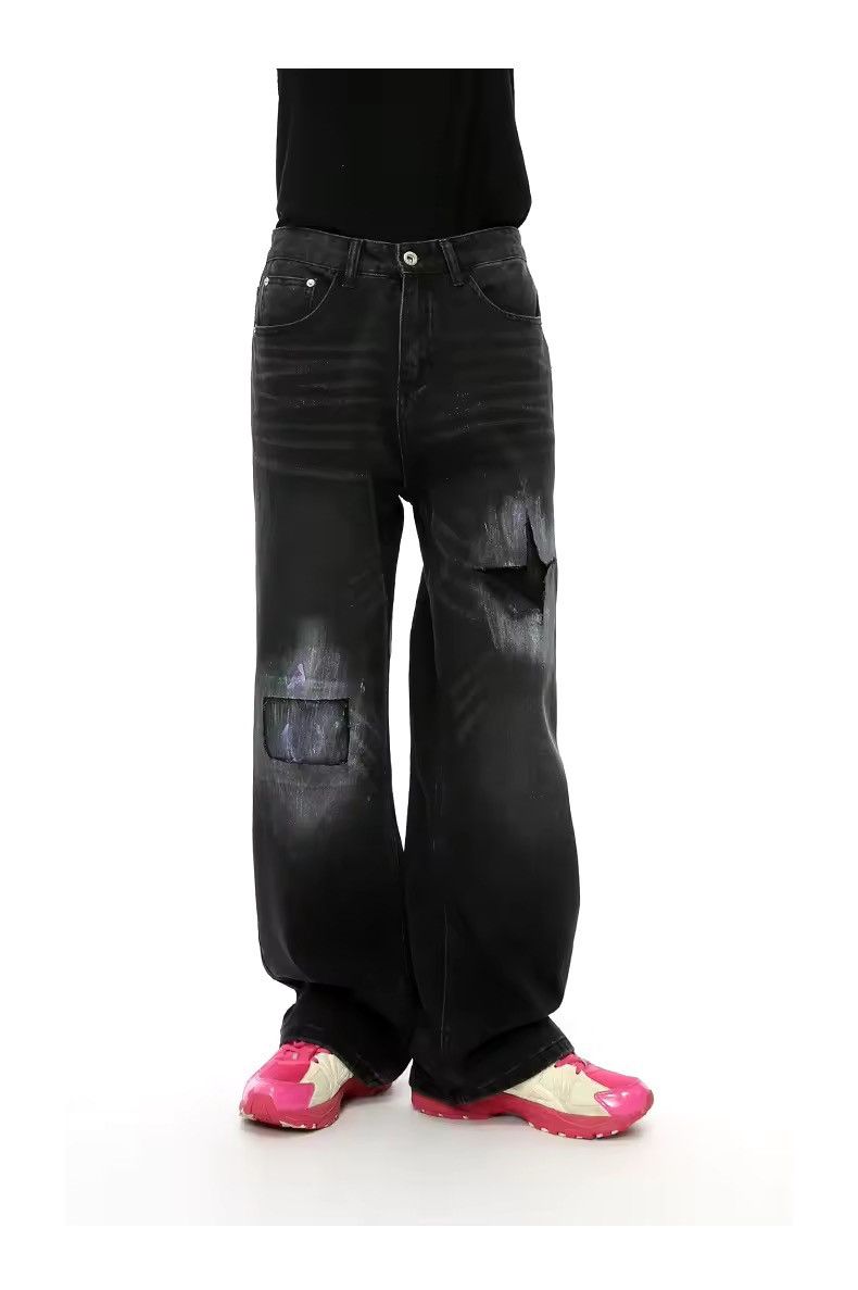 Jean × Vintage Street style Hole Star Wide Leg Washed Design Jeans Size US 28 / EU 44 - 4 Thumbnail
