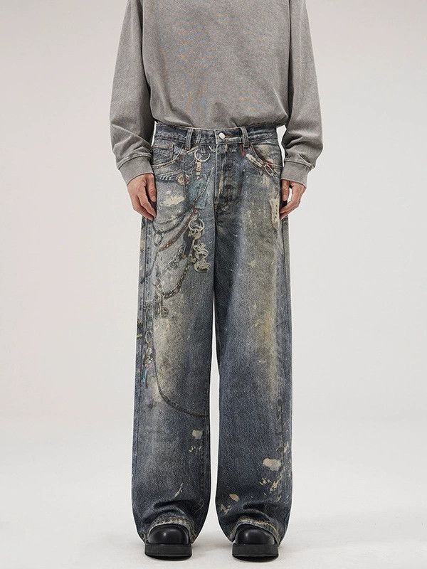 Vintage Men's loose distressed straight digital printed jeans Size US 32 / EU 48 - 1 Thumbnail