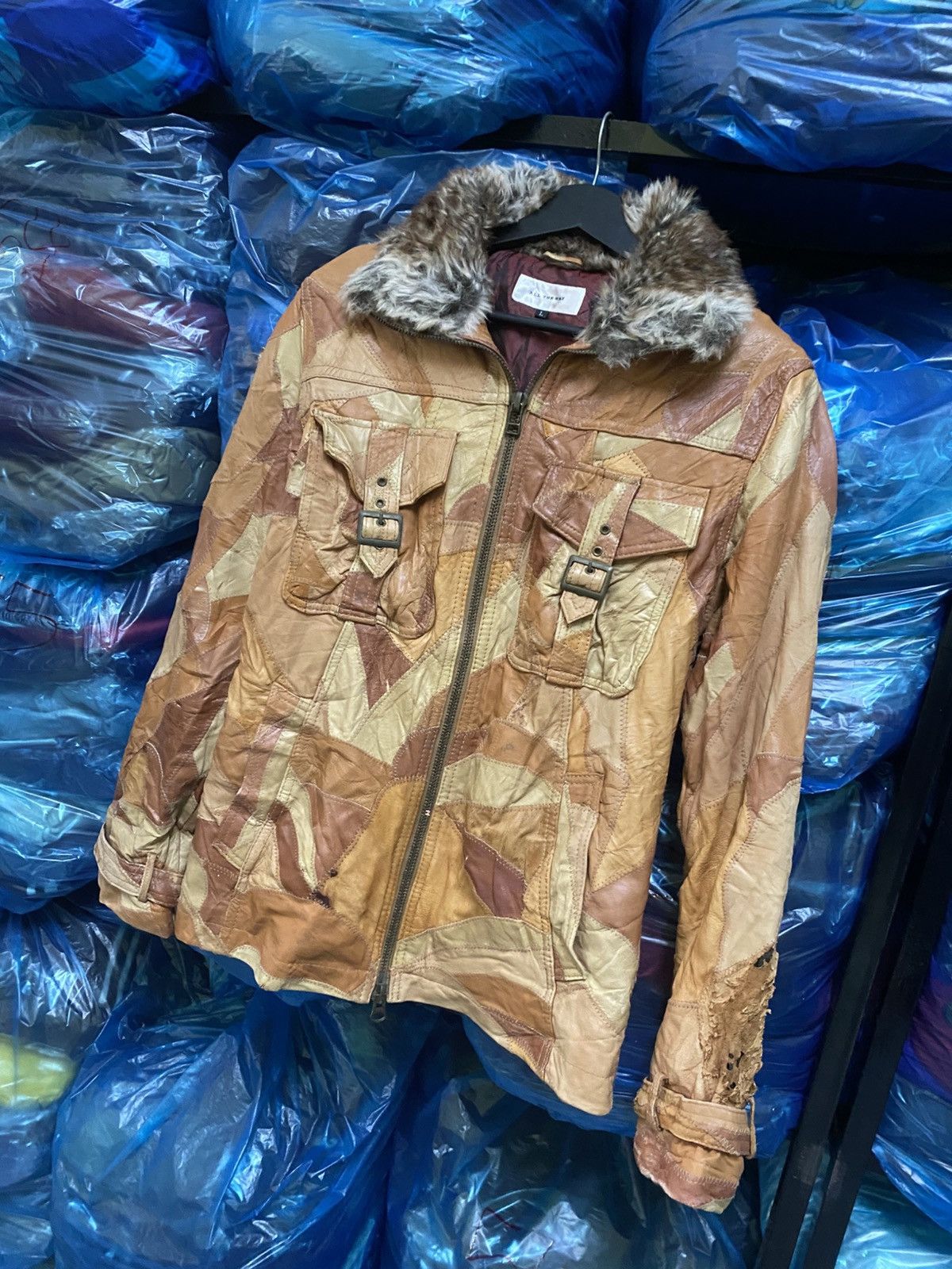 Japanese Brand Patchwork Leather Faux Fur Collar - “ALL THE WAY” Distressed Size M / US 6-8 / IT 42-44 - 2 Thumbnail