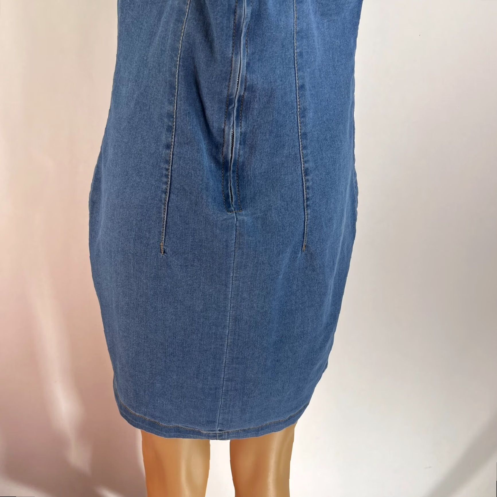Denime VINTAGE Highway Jeans Denim Strapless Mini Dress Womens Size L Blue Cross Back Strap 90s Hippie Dress Womens Size 36" / US 14 / IT 50 - 7 Thumbnail