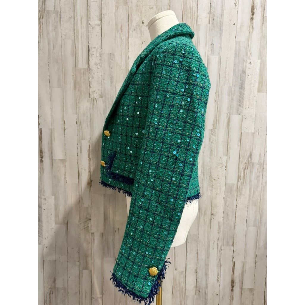 The Unbranded Brand NWT TOCCIN Jacket Womens Size 4 Green Tweed Sequin Cropped Size S / US 4 / IT 40 - 5 Thumbnail