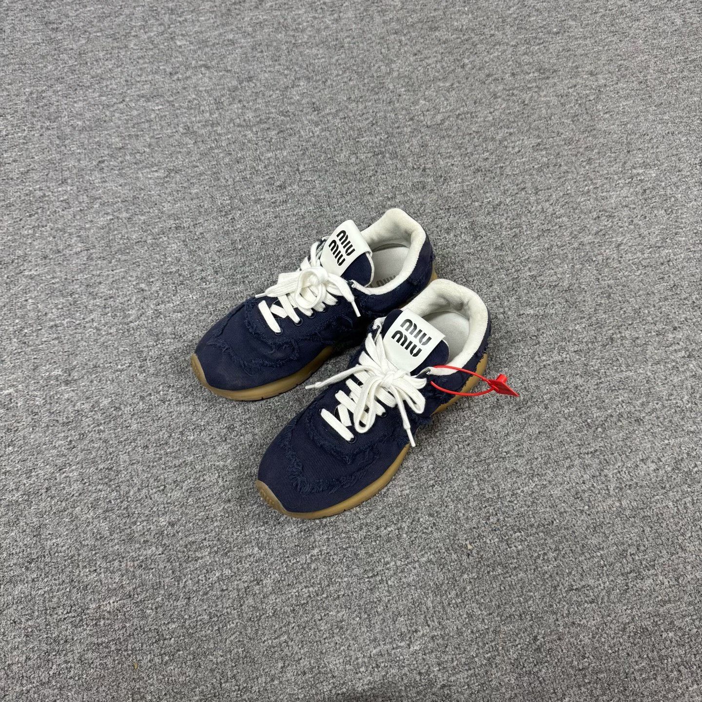 Miu Miu Miu Miu 2025 Navy Distressed Fringe Platform Sneakers Size US 7 / IT 37 - 1 Thumbnail