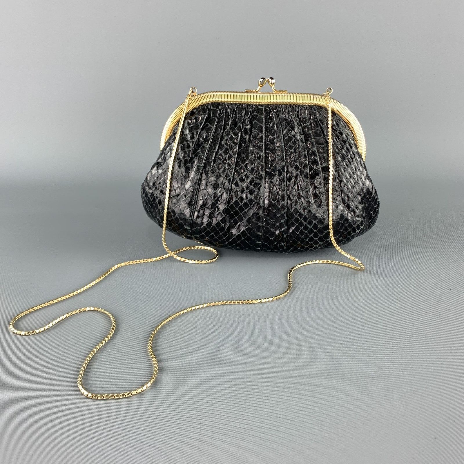 Judith Leiber JUDITH LEIBER Ruched Black Snake Skin Evening Clutch Handbag Size ONE SIZE - 5 Thumbnail