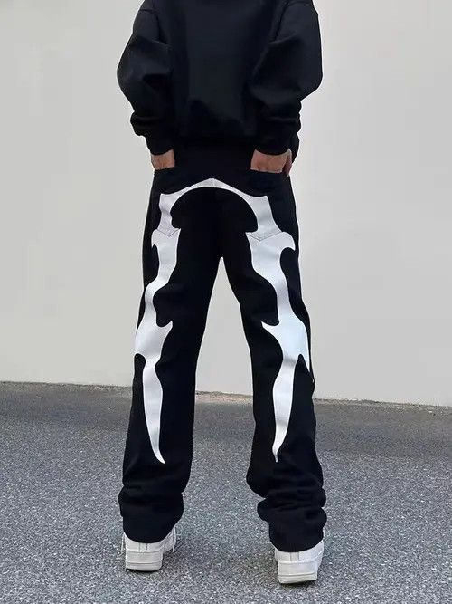 image of Street Vintage Letter Embroidered Bone Spur Print Jeans in Black, Men's (Size 32)