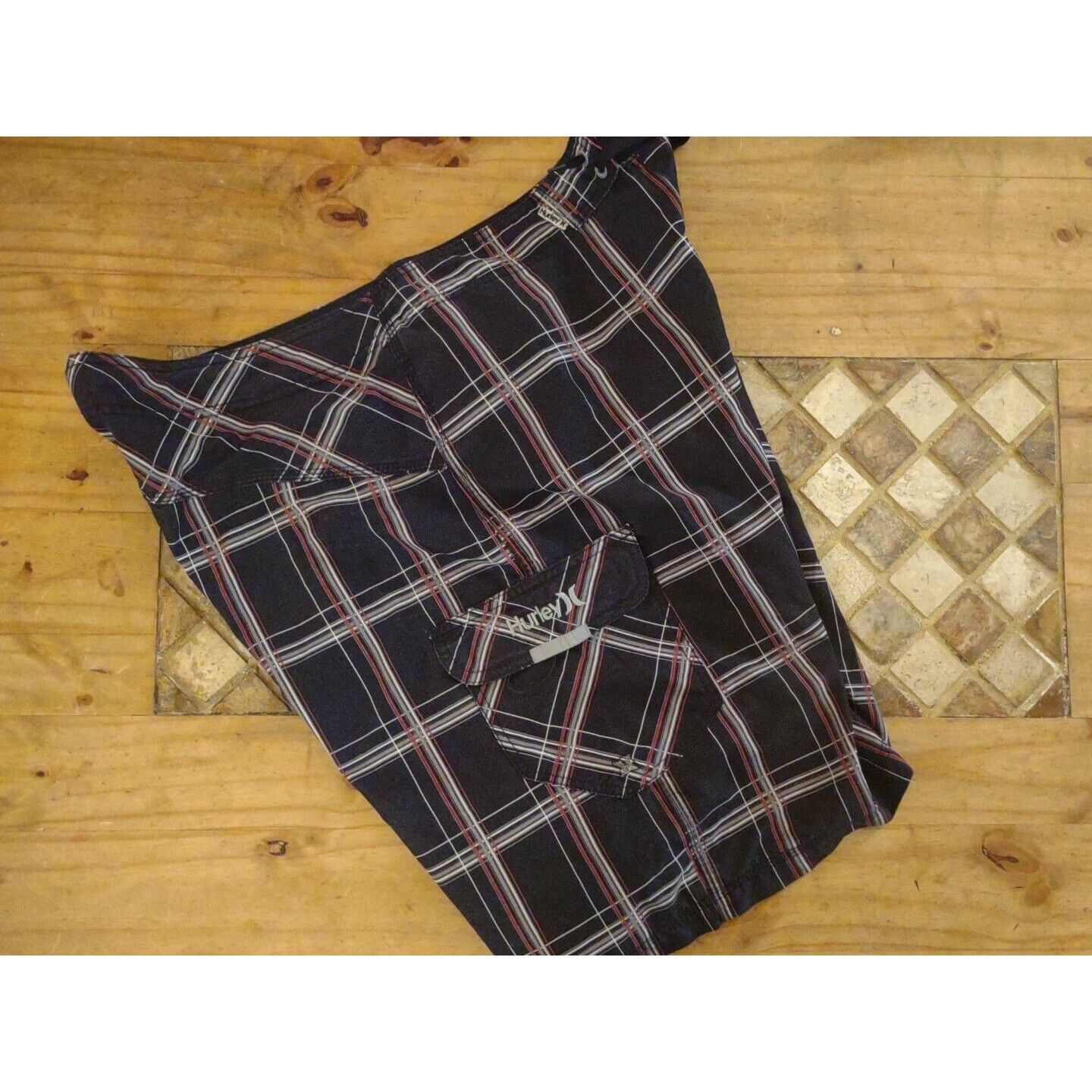 Hurley Hurley Mens Navy Blue Red White Plaid Drawstring Cargo Short Size US 38 / EU 54 - 8 Thumbnail