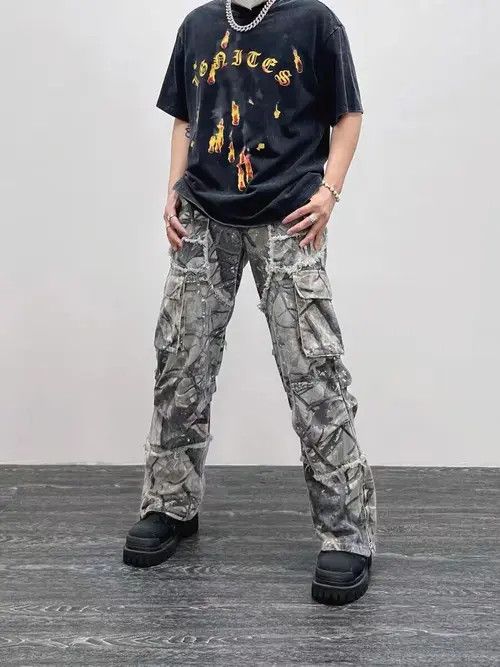 image of Retro Camouflage Irregular Raw Edge Work Jeans in Camouflage Green, Men's (Size 32)