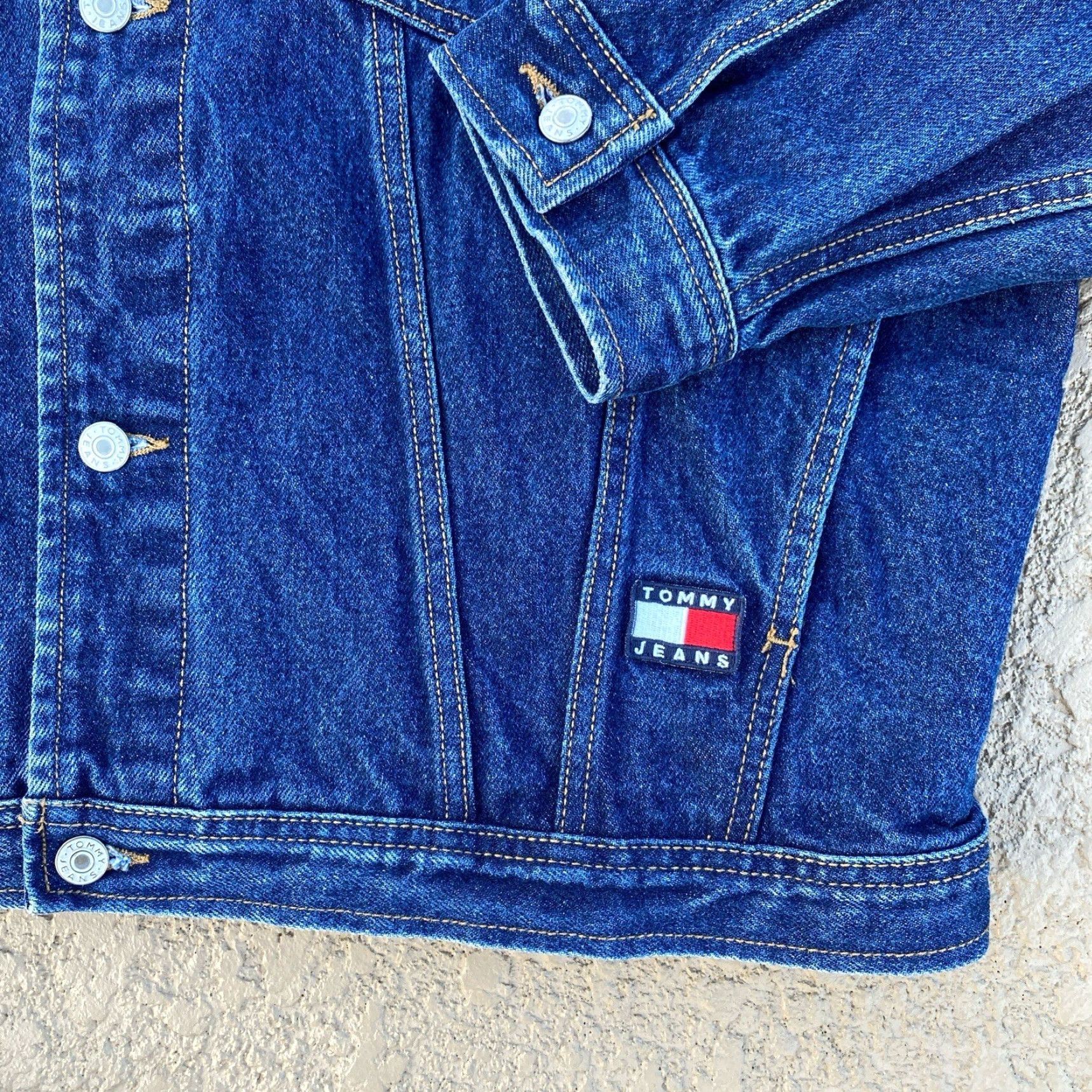 Tommy Hilfiger VINTAGE Tommy Hilfiger Spell Out Big Flag Patch Denim Jean Jacket XL Men 90s Blue"} Size US 36 / EU 52 - 2 Thumbnail