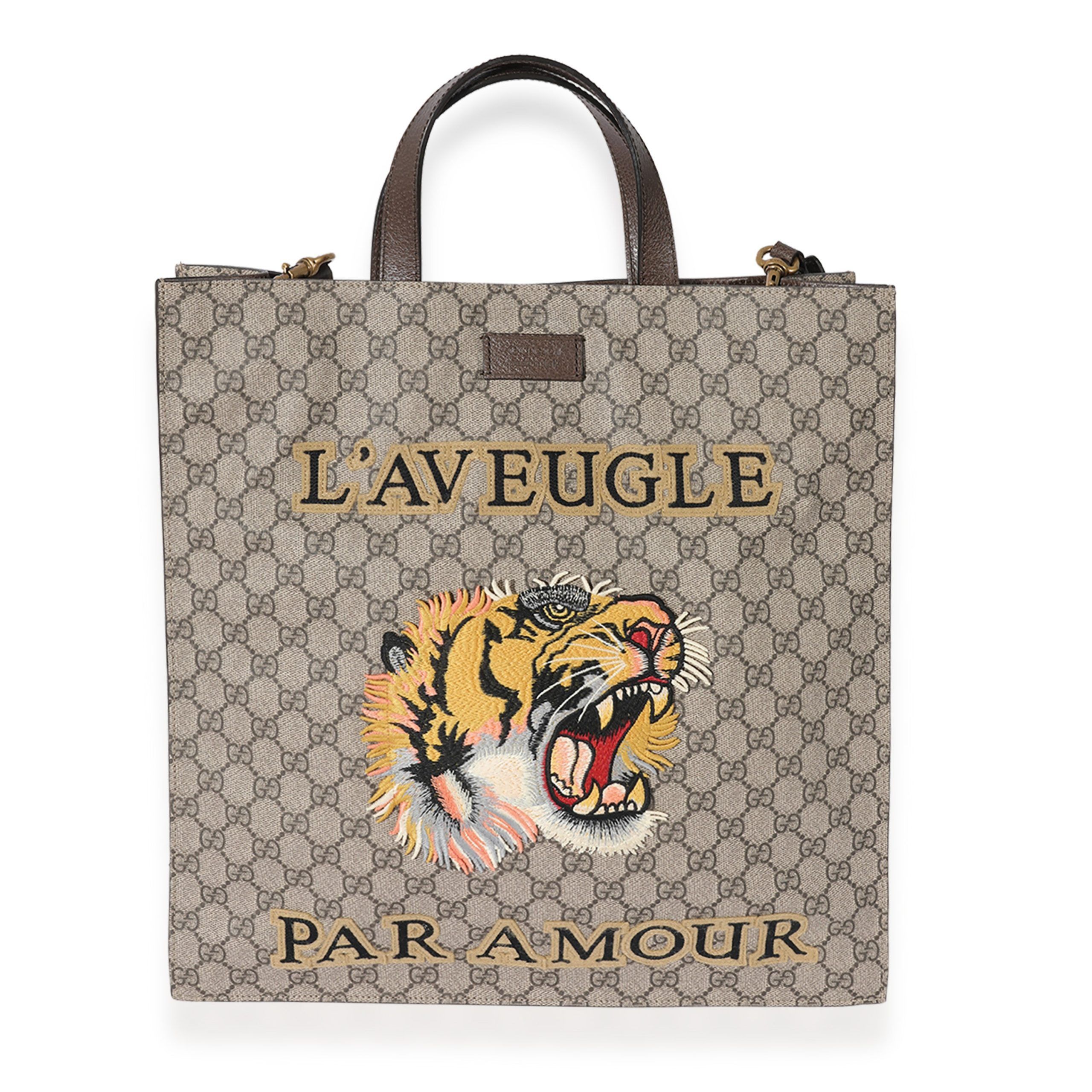 image of Gucci GG Supreme L'aveugle Par Amour Vertical Tote in Brown, Women's