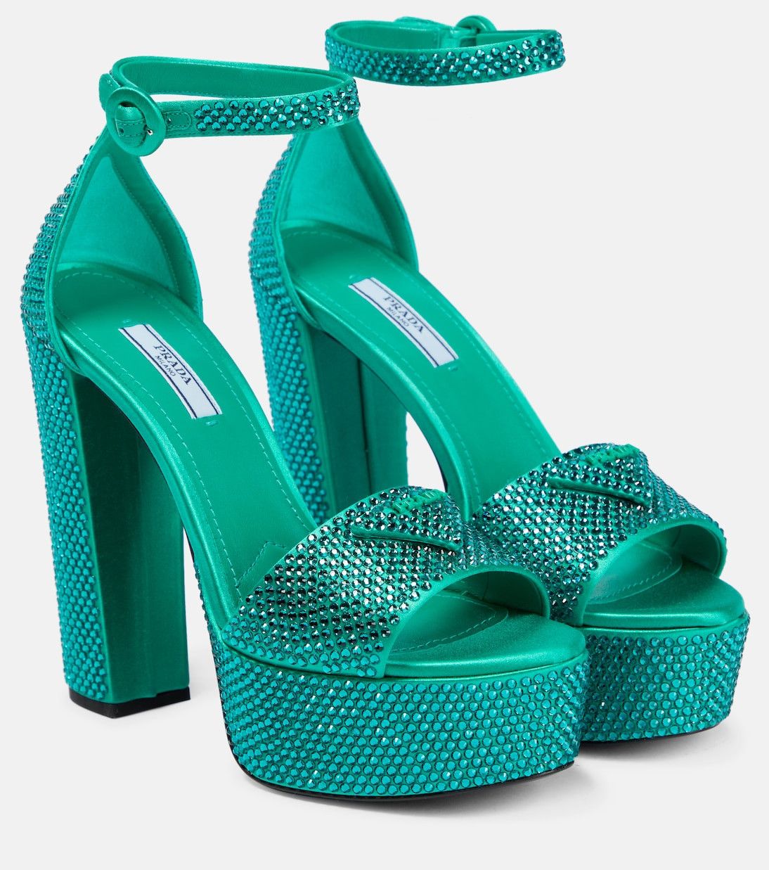 Prada $2.2K VALUE Crystal Embellished satin platform sandals in green Size US 8 / IT 38 - 1 Thumbnail