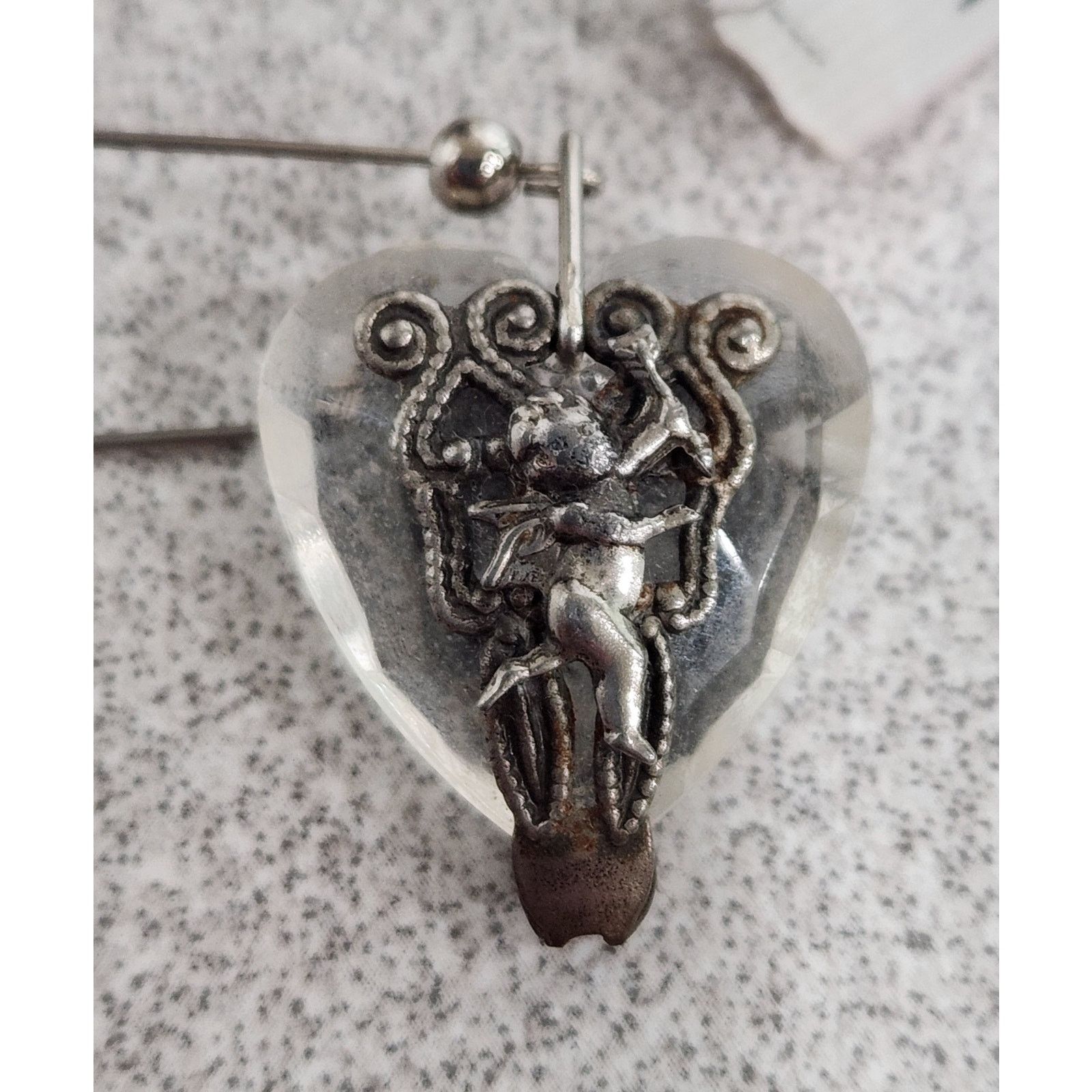 Other VTG Silver Cherubs Acrylic Heart Dangle Hook Earrings 3" Size ONE SIZE - 4 Thumbnail